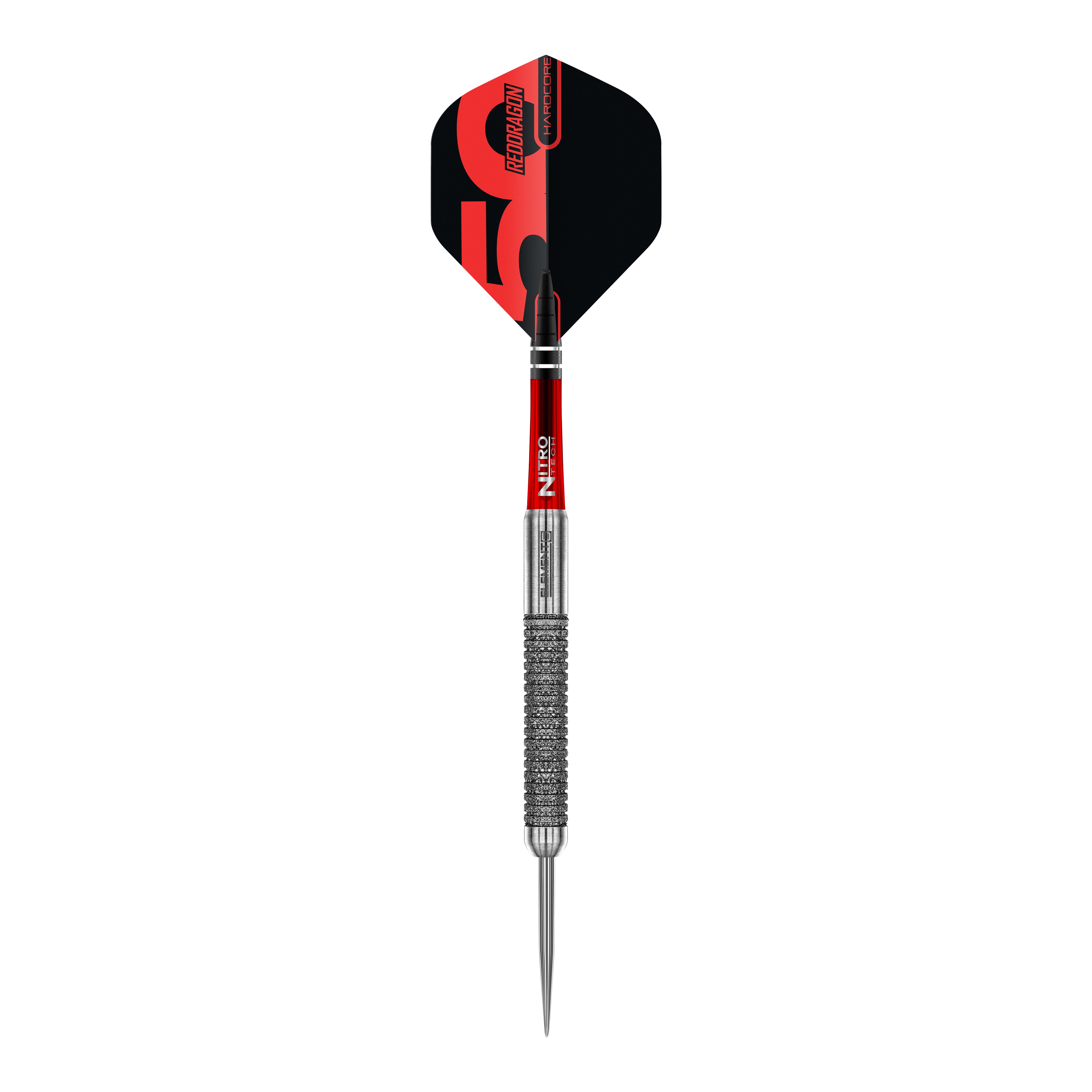 Red Dragon 50 Jaar Collectie Element 6 B Stalen Darts - 24g Red Dragon 50 Year Collection Element 6 B Steeldarts - 24g in Nahaufnahme. Das Bild zeigt das Design und die Details des Steeldarts.