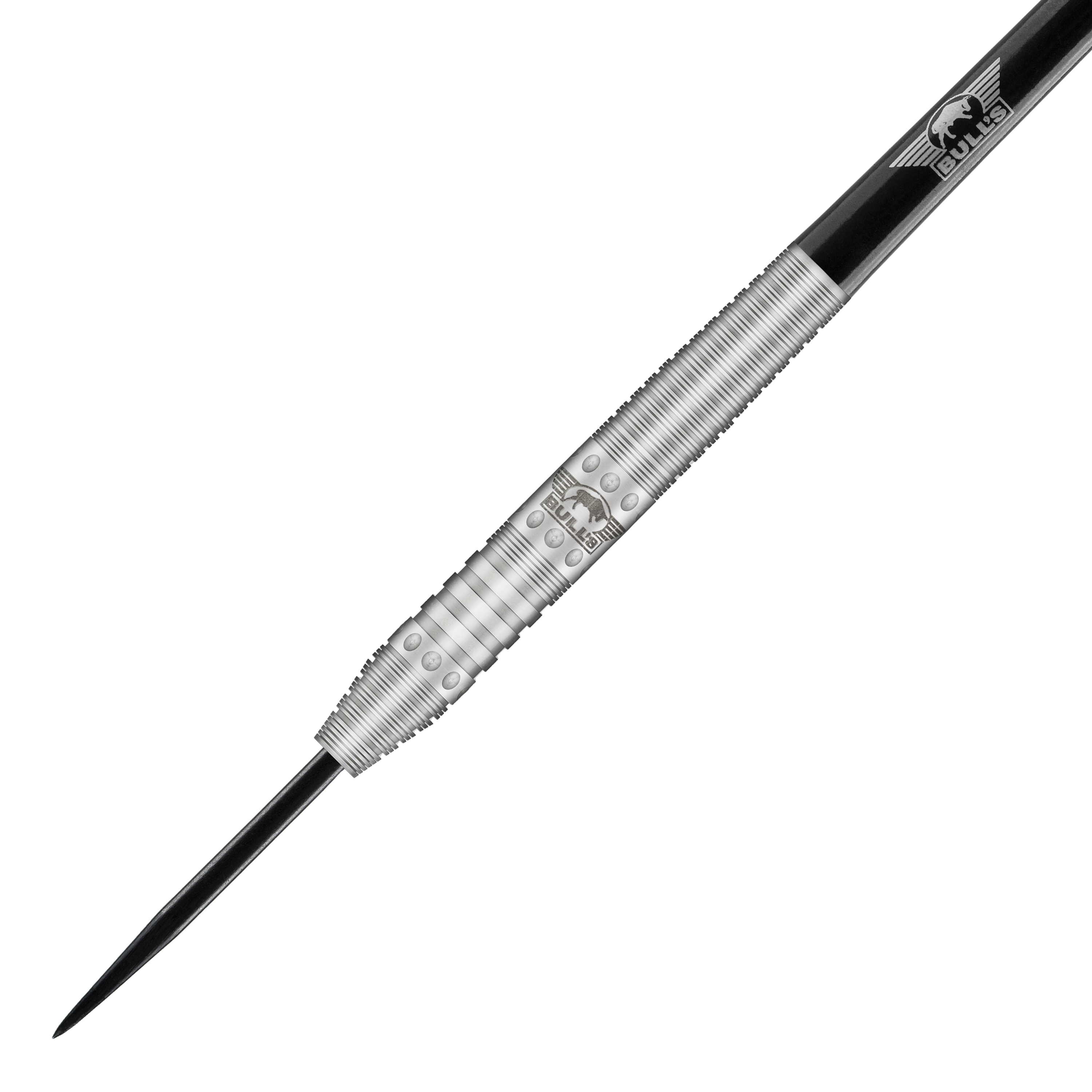 Bulls NL Richard Veenstra 80 stalen darts - 23g Das Bild zeigt einen silbernen Steeldartpfeil mit schwarzer Spitze und silbernen Ringen. Auf dem Barrel ist das Logo von Bulls NL eingraviert.