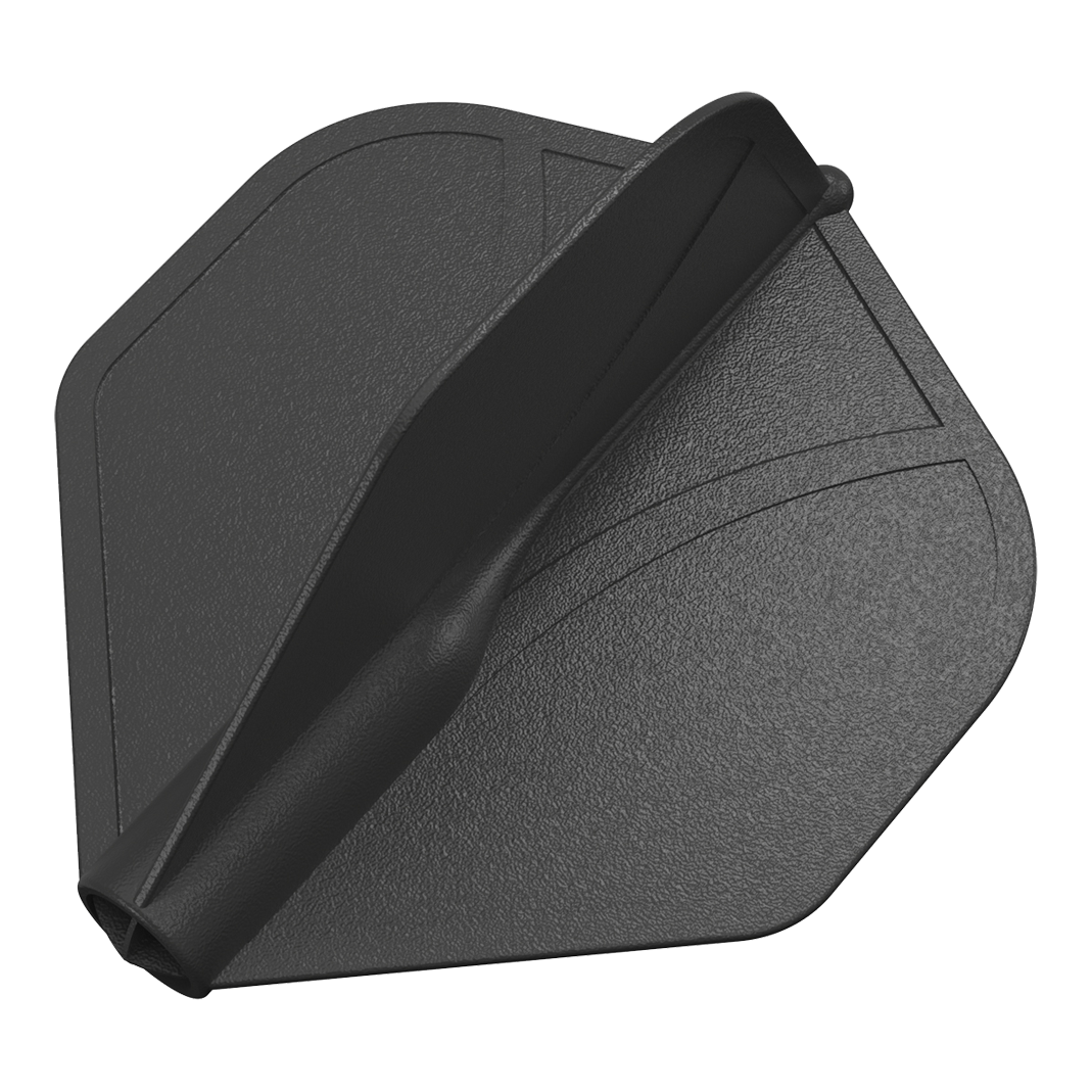 Shot Airfoil Molded No2 Standaard Vluchten Das Bild zeigt eine schwarze, geformte Dart-Flügel aus Kunststoff. Die Oberfläche ist leicht strukturiert und hat eingeprägte Linien.