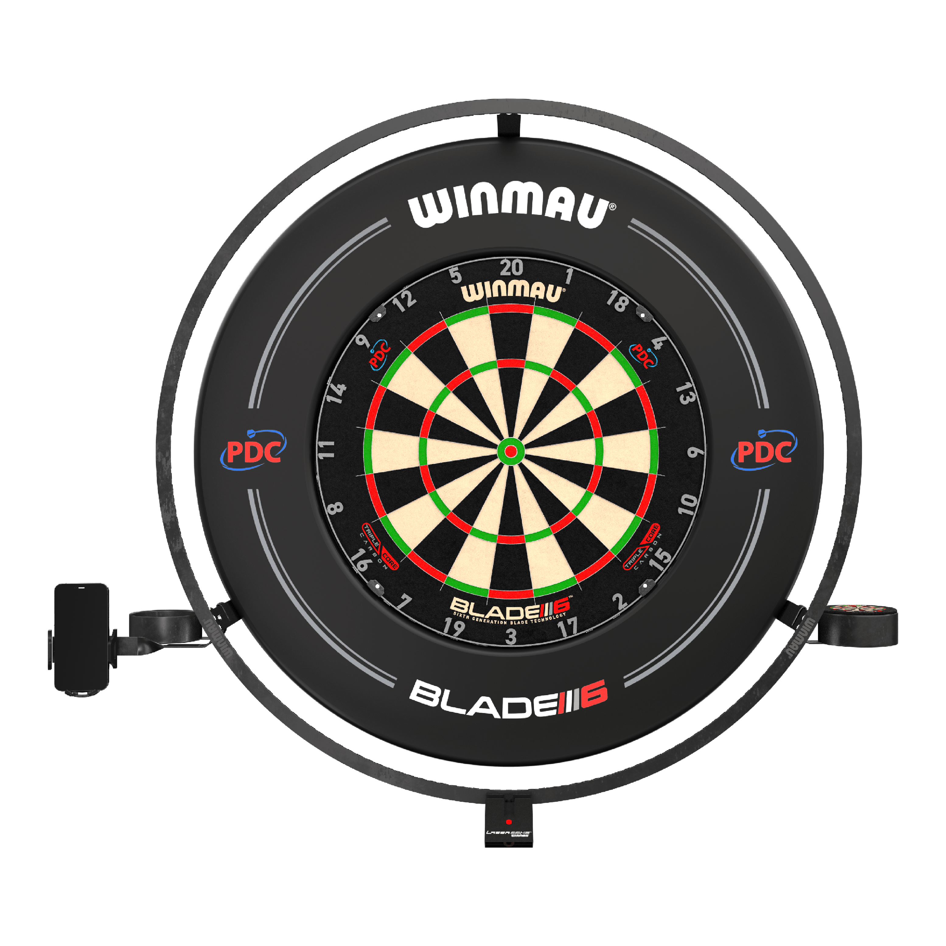 Winmau Plasma-accessoireset Das Bild zeigt das Produkt "Winmau Plasma Zubehör Set" mit einer Dartscheibe und einem umgebenden LED-Leuchtring. Das Set ist für professionelles Dartspielen geeignet und trägt das PDC-Logo.