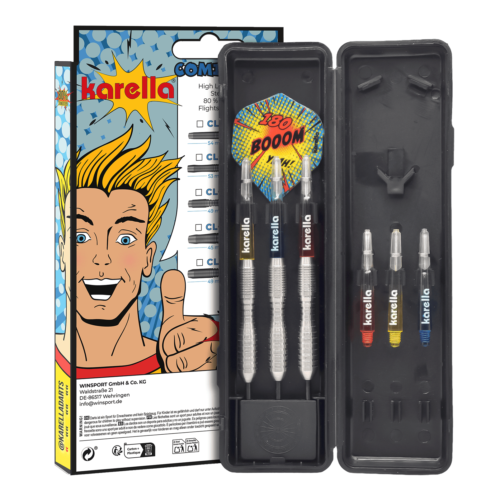 Karella Comic Line CL-3 stalen dartpijlen - 24 g Die Abbildung zeigt die Karella Comic Line CL-3 Steeldarts mit einem Gewicht von 24g. Die Darts sind für den professionellen Einsatz geeignet und haben ein ansprechendes Design.