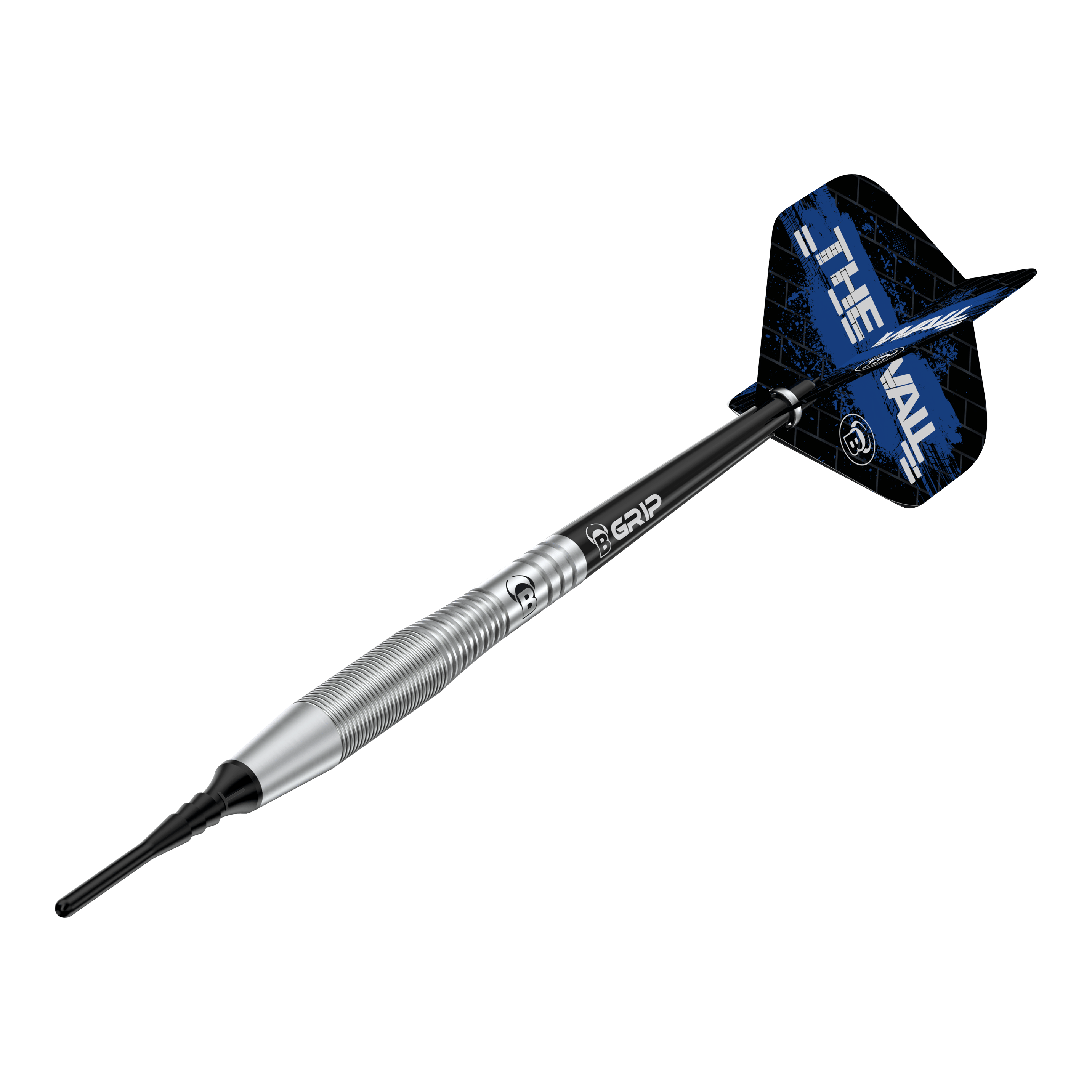 Bulls Martin Schindler TW80 zachte darts - 18g Auf dem Bild ist der Bulls Martin Schindler TW80 Softdart mit einem Gewicht von 18g zu sehen. Der Dart hat ein silbernes Barrel und schwarze Flights mit blauem Design.