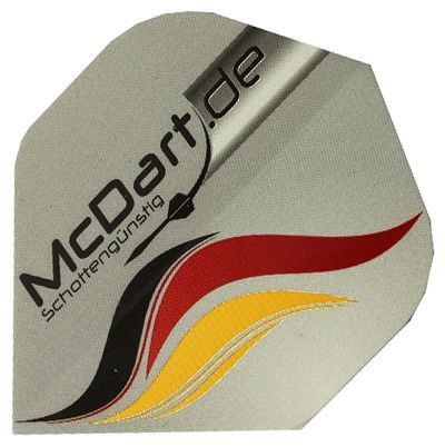 p137 Auf dem Bild ist ein graues Dart-Flügel-Set der Marke McDart zu sehen. Das Design zeigt schwarze, rote und gelbe Streifen sowie die Aufschrift „McDart.de“.