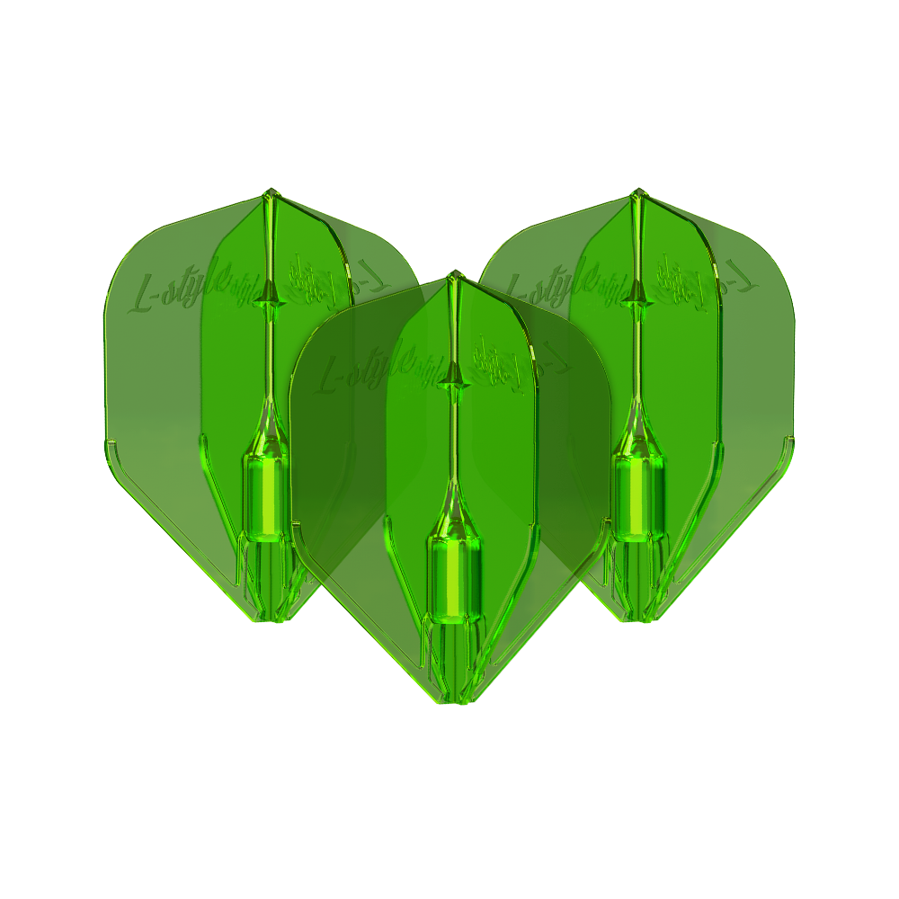 L-Style Fantom L3EZ Vluchten Groen Das Bild zeigt drei grüne L-Style Fantom L3EZ Flights für Dartpfeile. Die Flights sind durchsichtig und haben eine glänzende Oberfläche.
