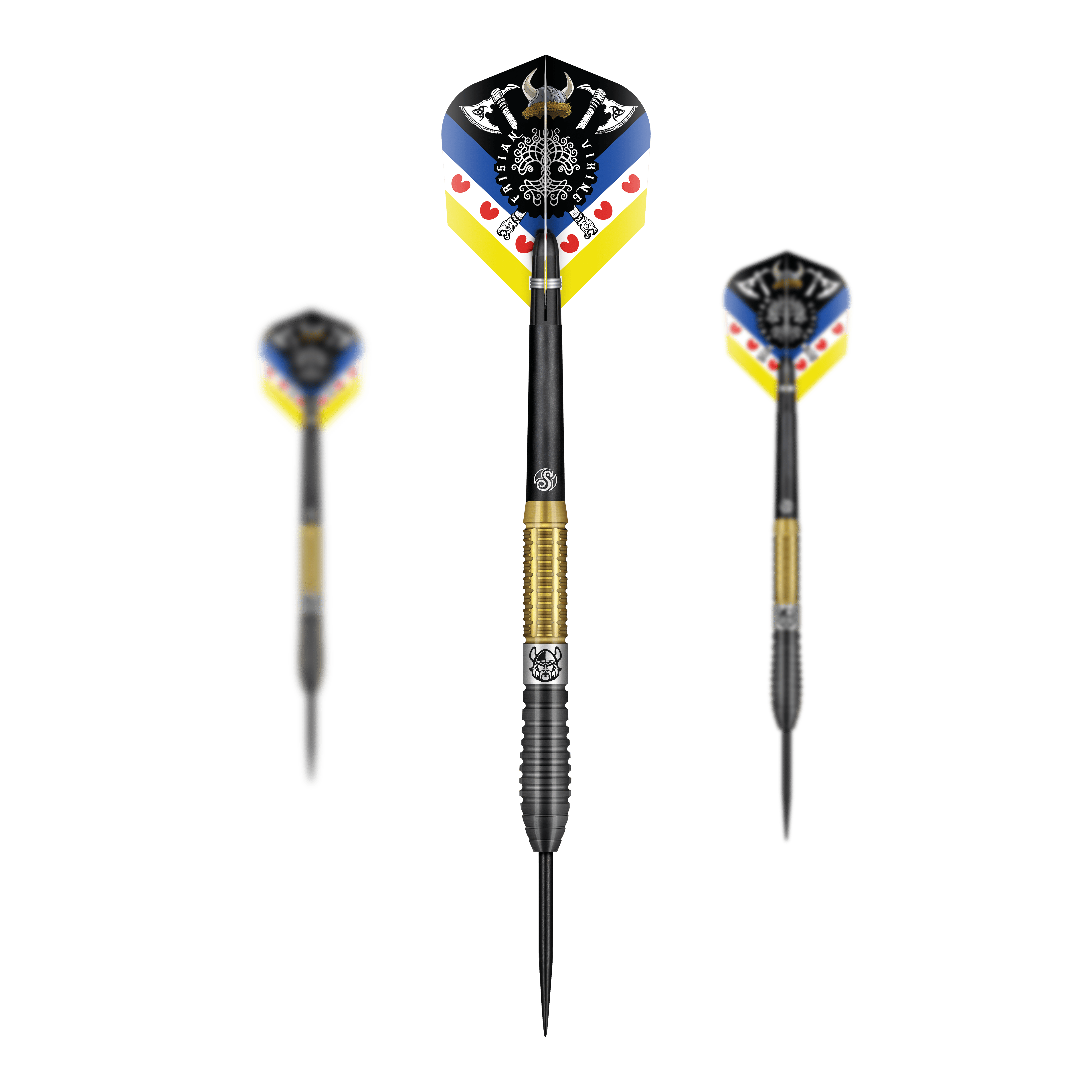 Das Bild zeigt den Steeldart "Shot Pro Series Jitse Van Der Wal" mit einem Gewicht von 24 Gramm. Der Dart hat einen schwarzen und goldenen Griff sowie bunte Flights mit auffälligem Muster.