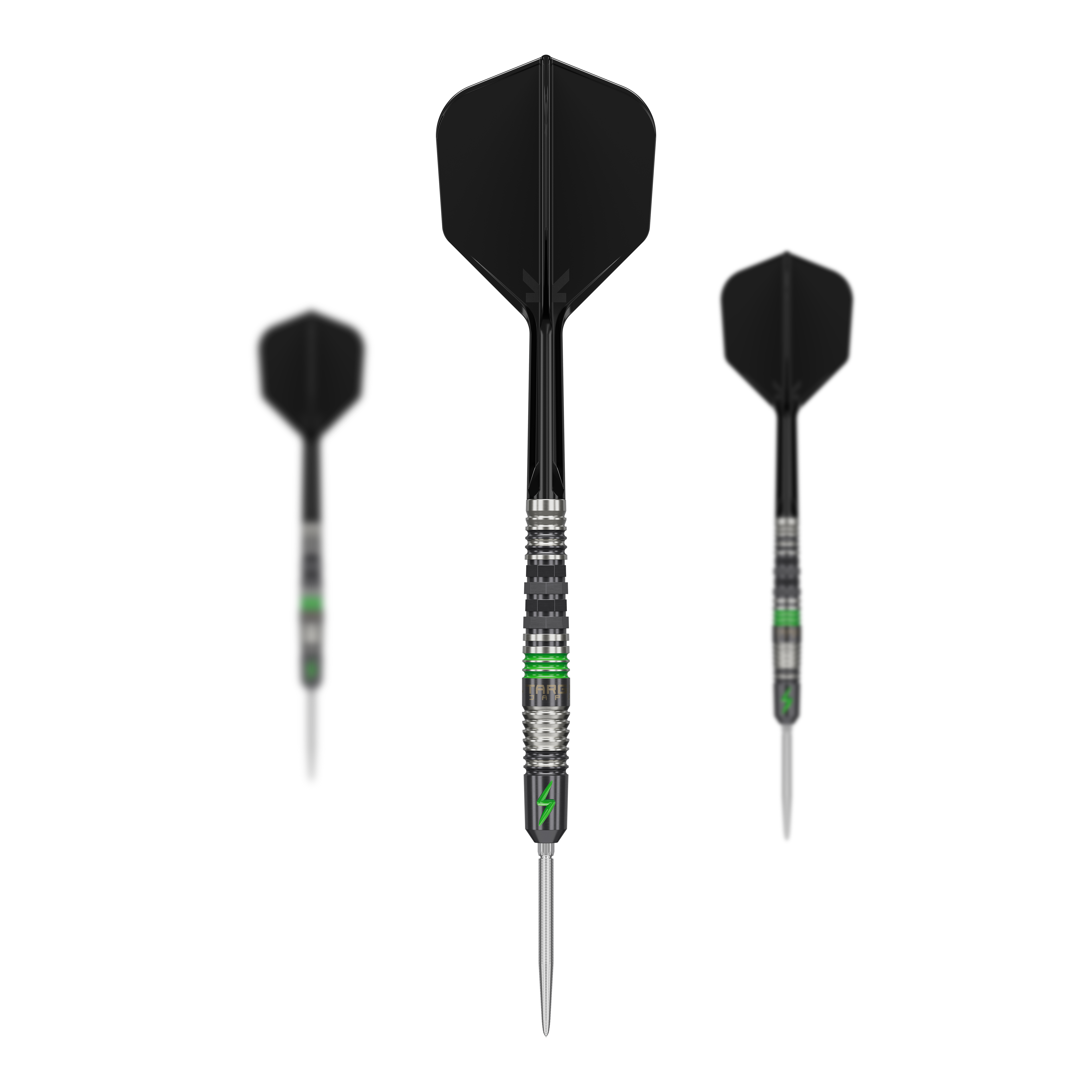 Target Japan Black Marque Lightning 3 SP steel darts Das Bild zeigt drei Target Japan Black Marque Lightning 3 SP Steeldarts mit schwarzem Flight und silber-grünem Barrel. Die Darts sind modern gestaltet und besitzen eine schlanke, spitze Spitze.