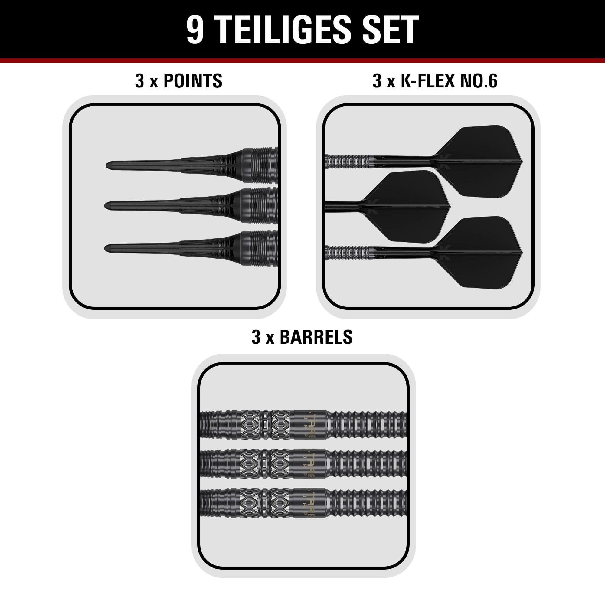 Target Black Marque Creed Soft Darts - 21,5 g Produktbild der Target Black Marque Creed Softdarts mit einem Gewicht von 21,5g. Die Darts sind auf hellem Hintergrund abgebildet.