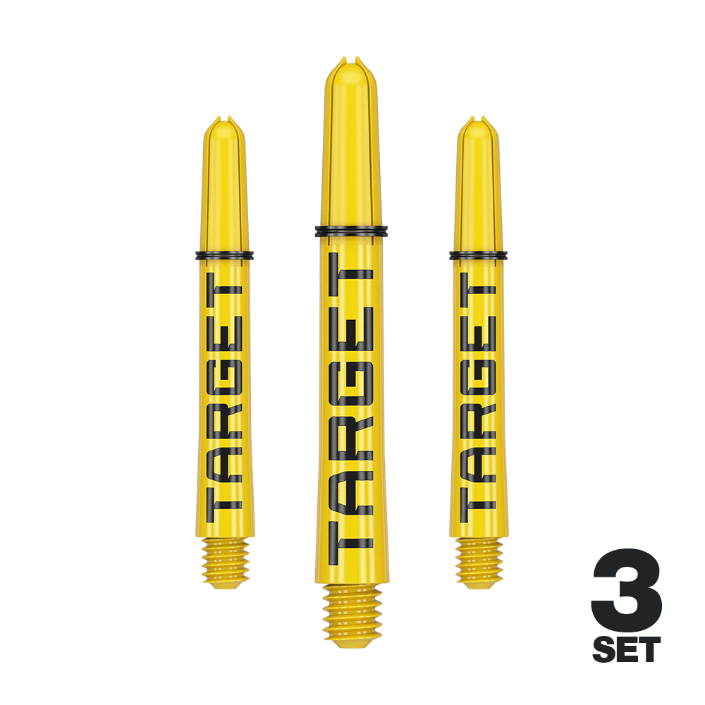 Target Pro Grip TAG Shafts - 3 sets - Geel Das Bild zeigt drei gelbe Dart-Schäfte mit der Aufschrift "TARGET". Unten rechts steht "3 SET", was auf ein Set mit drei Stück hinweist.