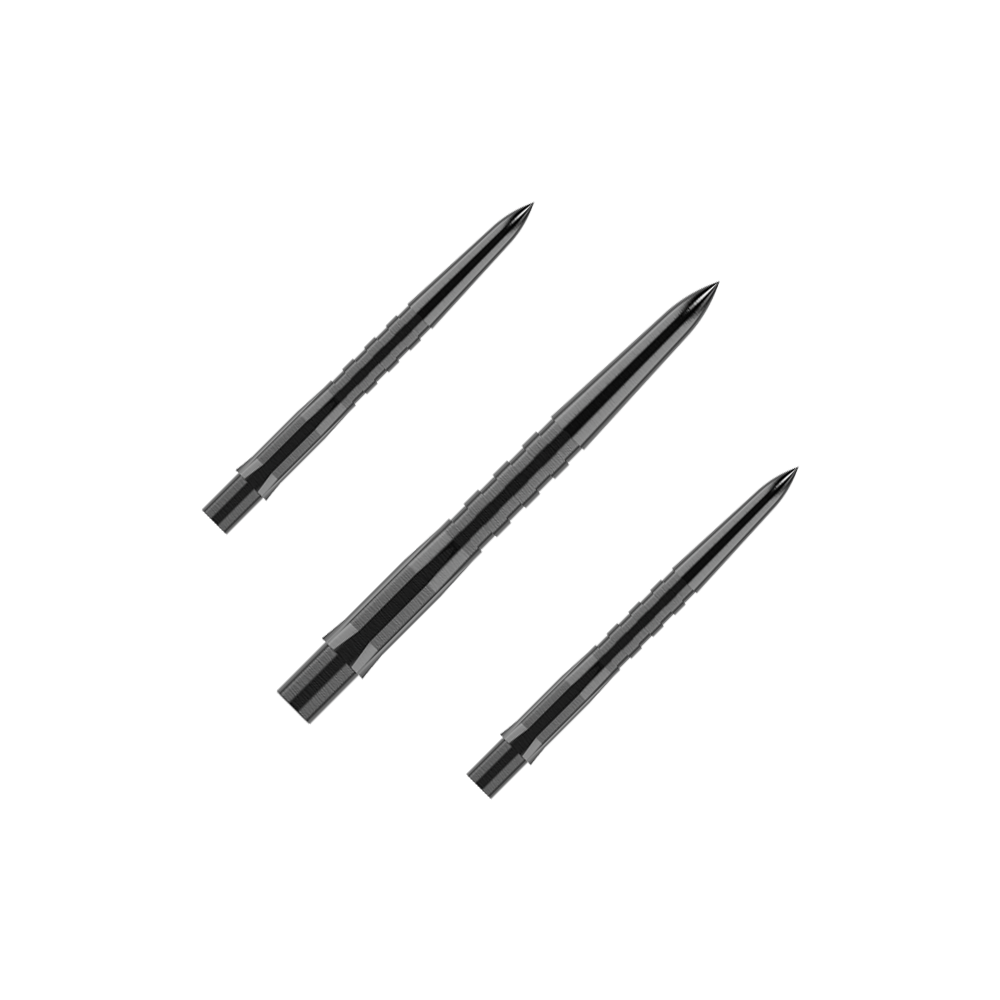 Mission Caliburn EVO dartpunten - gegroefd - zwart Das Bild zeigt drei schwarze, gerillte Steeldartspitzen, die parallel zueinander liegen. Die Spitzen sind spitz zulaufend und haben eine glänzende Oberfläche.