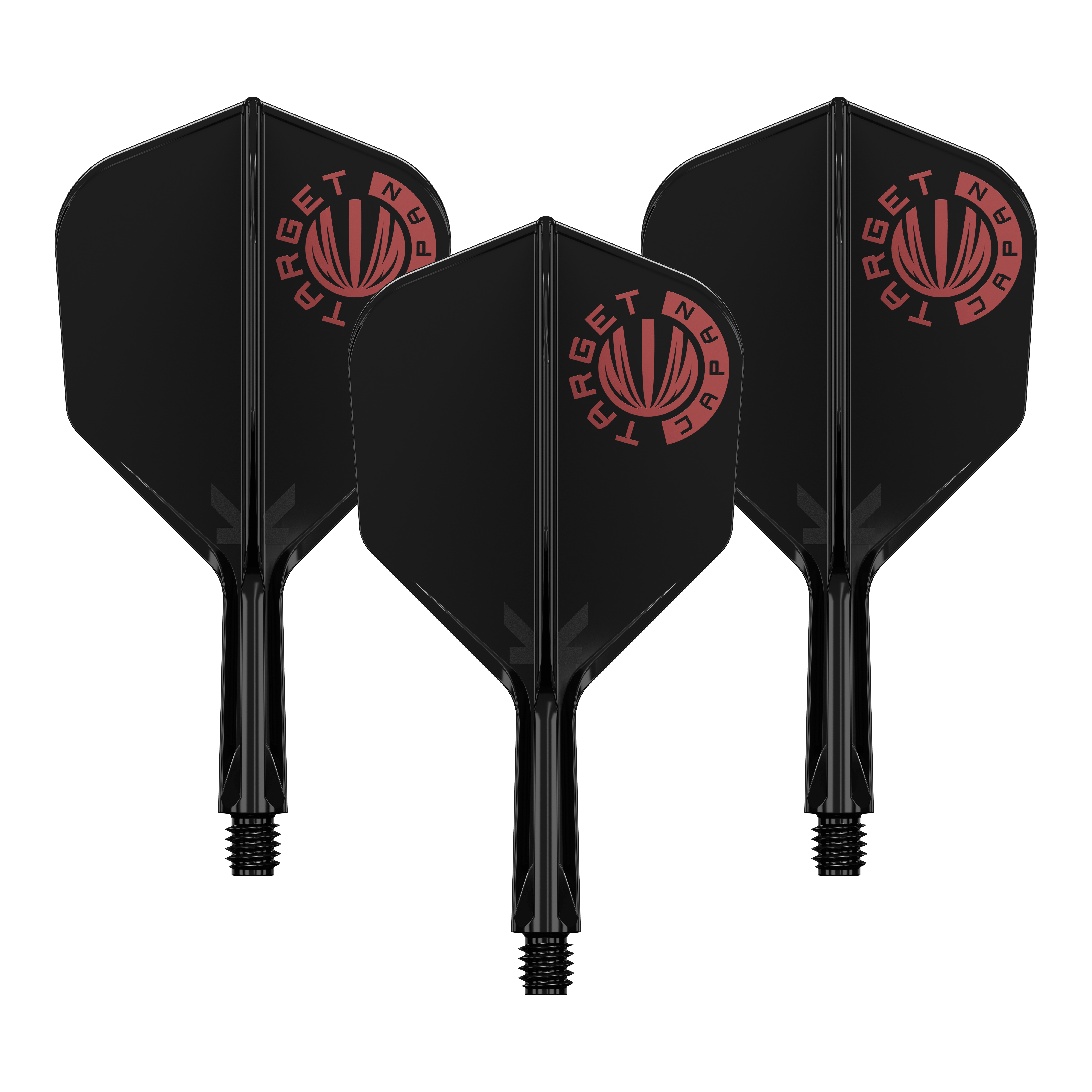 Target Japan K-Flex origineel logo rood zwart No6 vliegassysteem Auf dem Bild sind drei schwarze Dartflights mit passenden Schäften zu sehen. Auf jedem Flight befindet sich ein rotes Logo mit der Aufschrift "TARGET JAPAN".