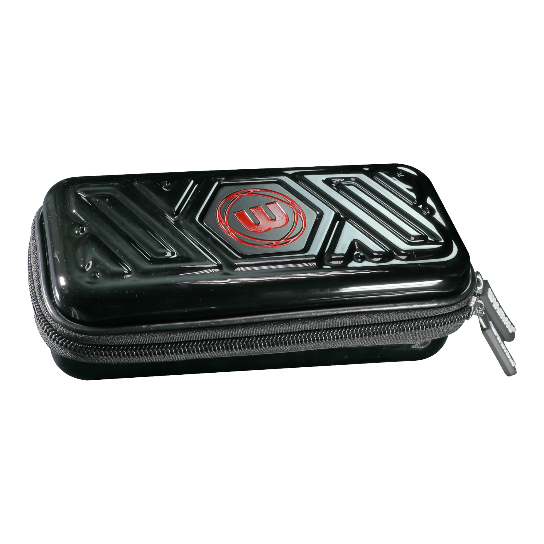 Winmau Armor G1 Dart-portemonnee Das Bild zeigt ein schwarzes Dart-Etui mit einem Reißverschluss. Auf dem Etui ist ein rotes Logo zu sehen.