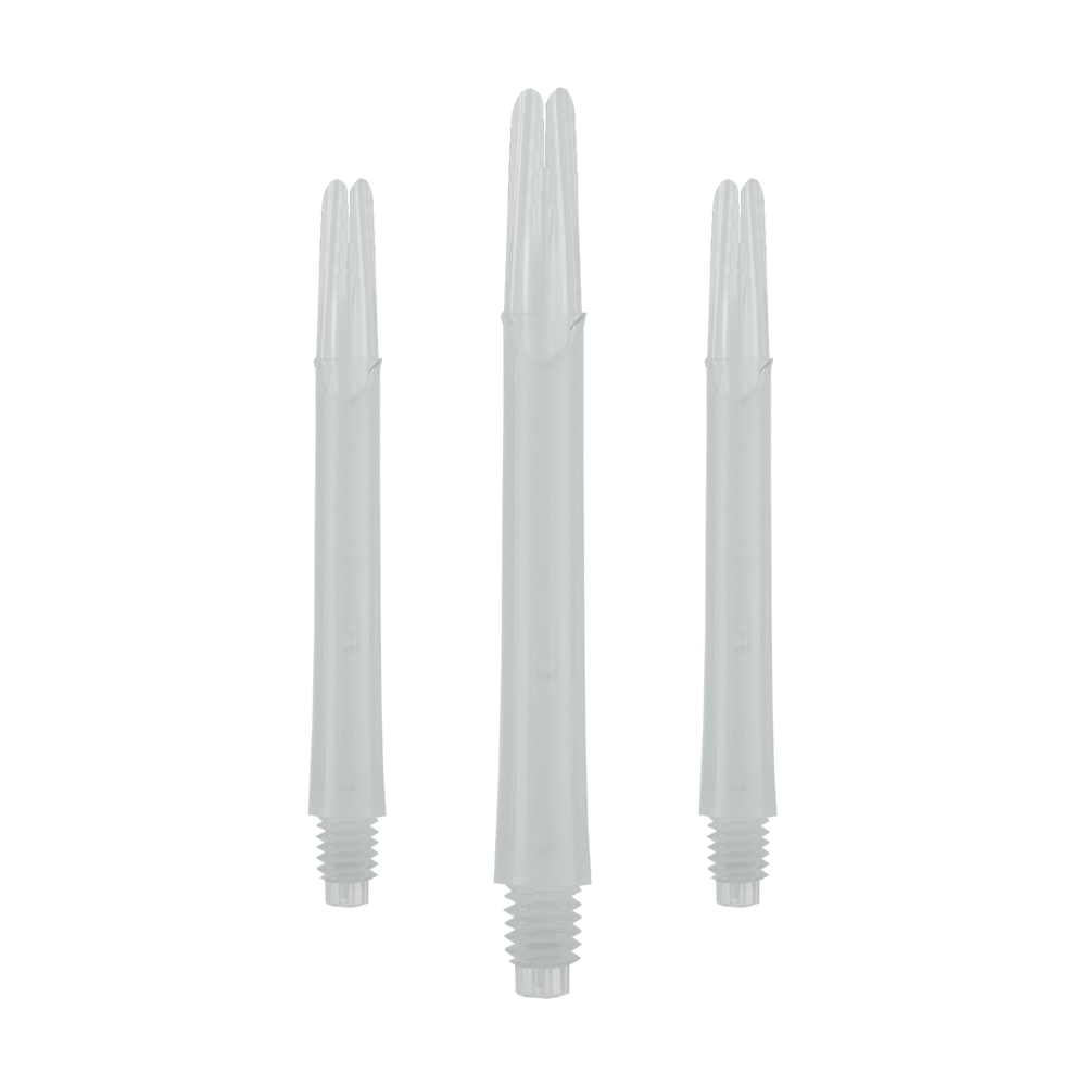 Das Bild zeigt drei gerade, milchig-weiße Dartshafts ohne Kappen. Sie sind nebeneinander angeordnet und jeweils mit einem Gewinde am unteren Ende versehen.