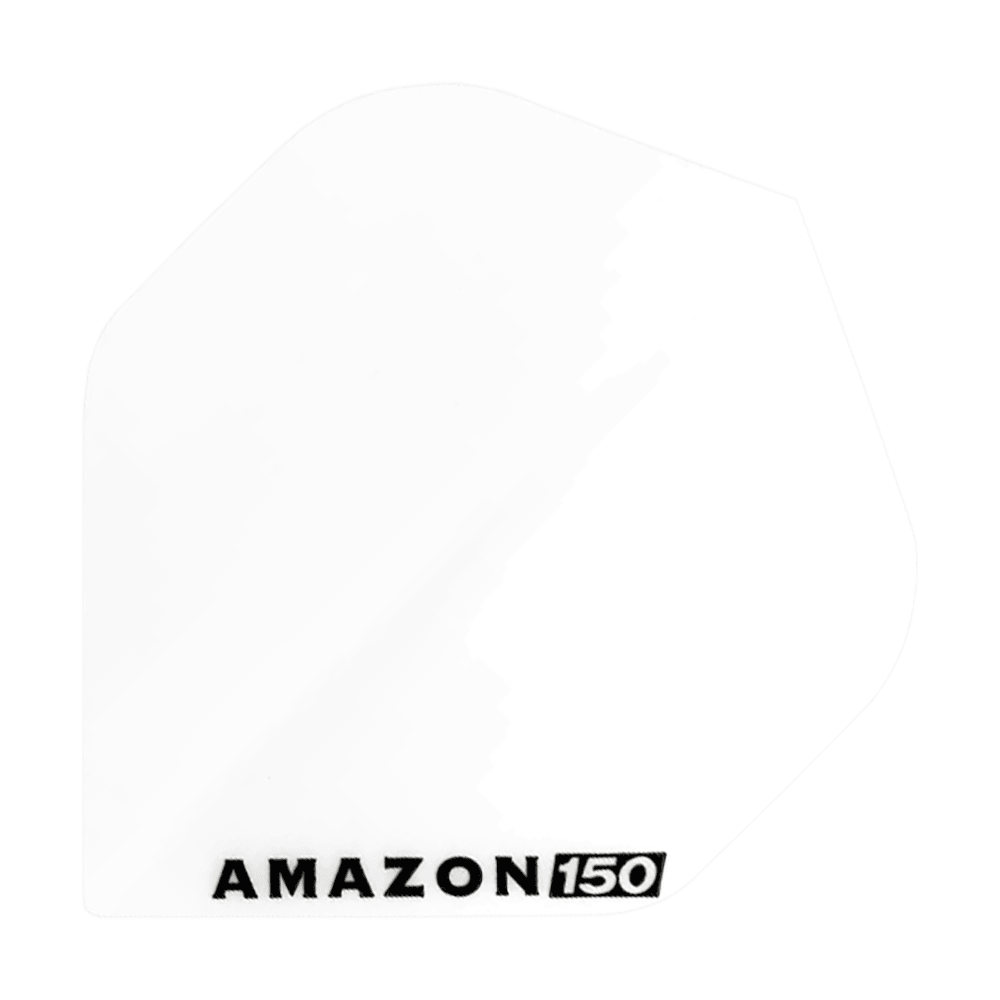 Amazon 150 Vluchten - Wit Das Bild zeigt ein weißes Dartflight mit der Aufschrift "AMAZON 150" in schwarzer Farbe. Das Flight hat eine klassische, schlichte Form und ist komplett einfarbig.