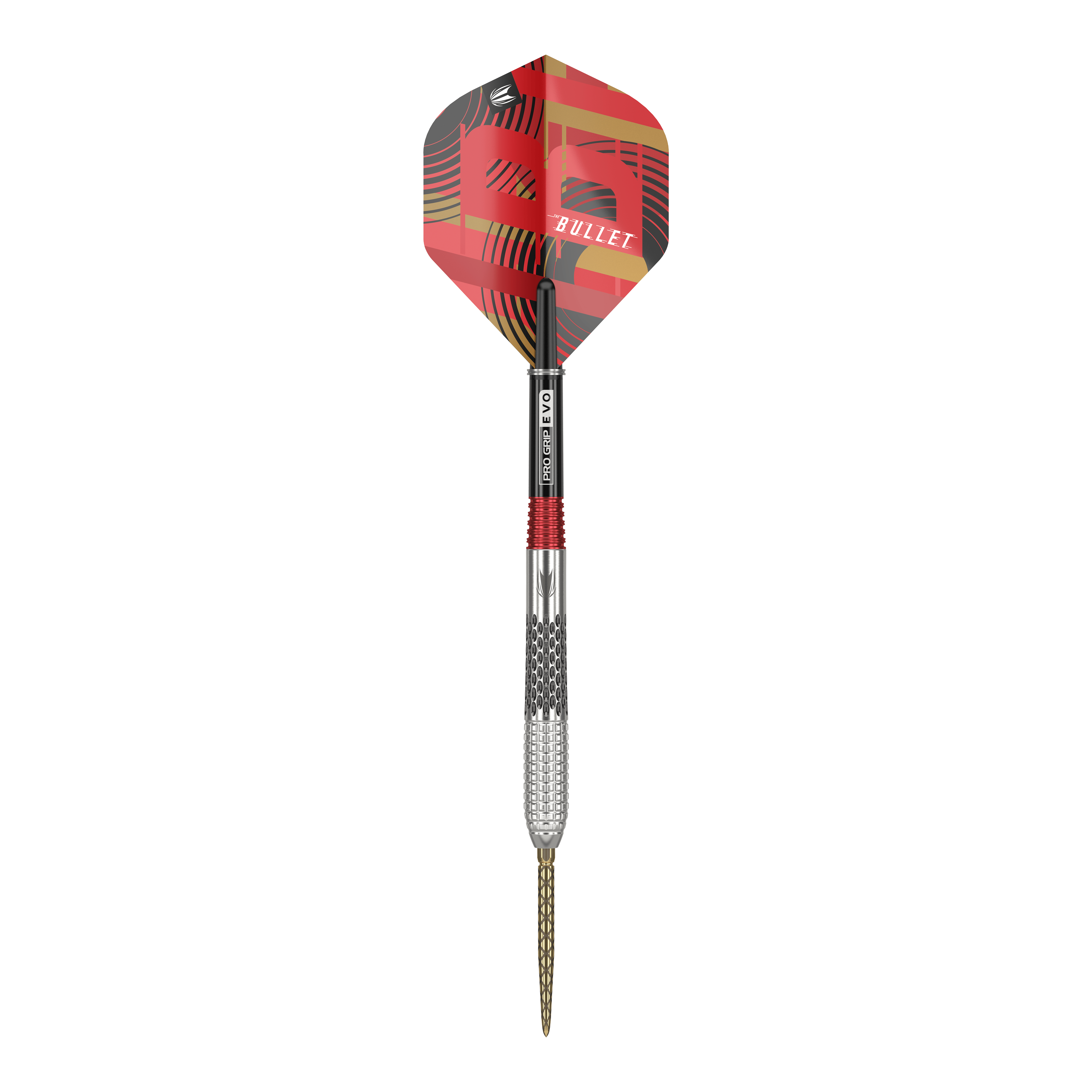 Target Stephen Bunting GEN5 Swiss Point Steel Darts Auf dem Bild ist ein Steeldartpfeil mit einer silbernen Spitze und einem rot-schwarzen Schaft zu sehen. Die Dartflügel sind rot gemustert und tragen die Aufschrift "BULLET".