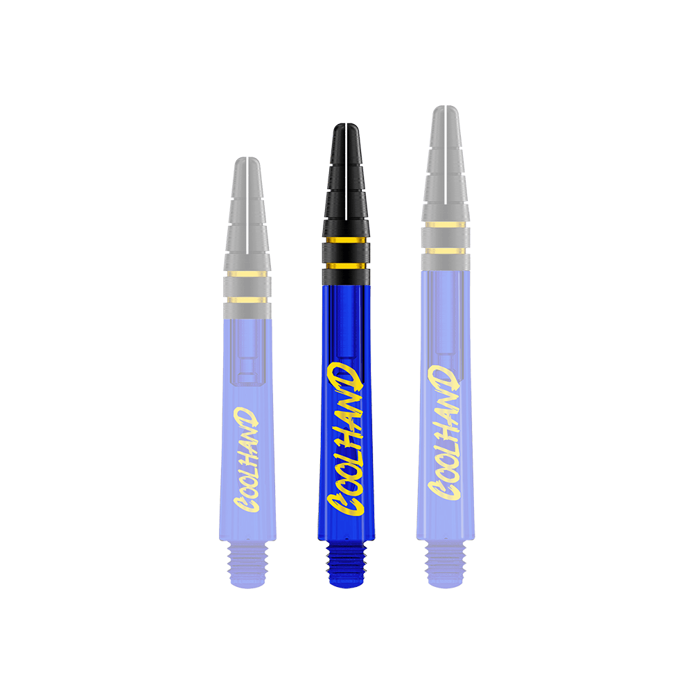 Red Dragon Nitrotech Luke Humphries Coolhand Shafts - Blauw Auf dem Bild sind drei blaue Dart-Schäfte mit der gelben Aufschrift "COOLHAND" zu sehen. Die Schäfte haben schwarze und goldene Akzente am oberen Ende.