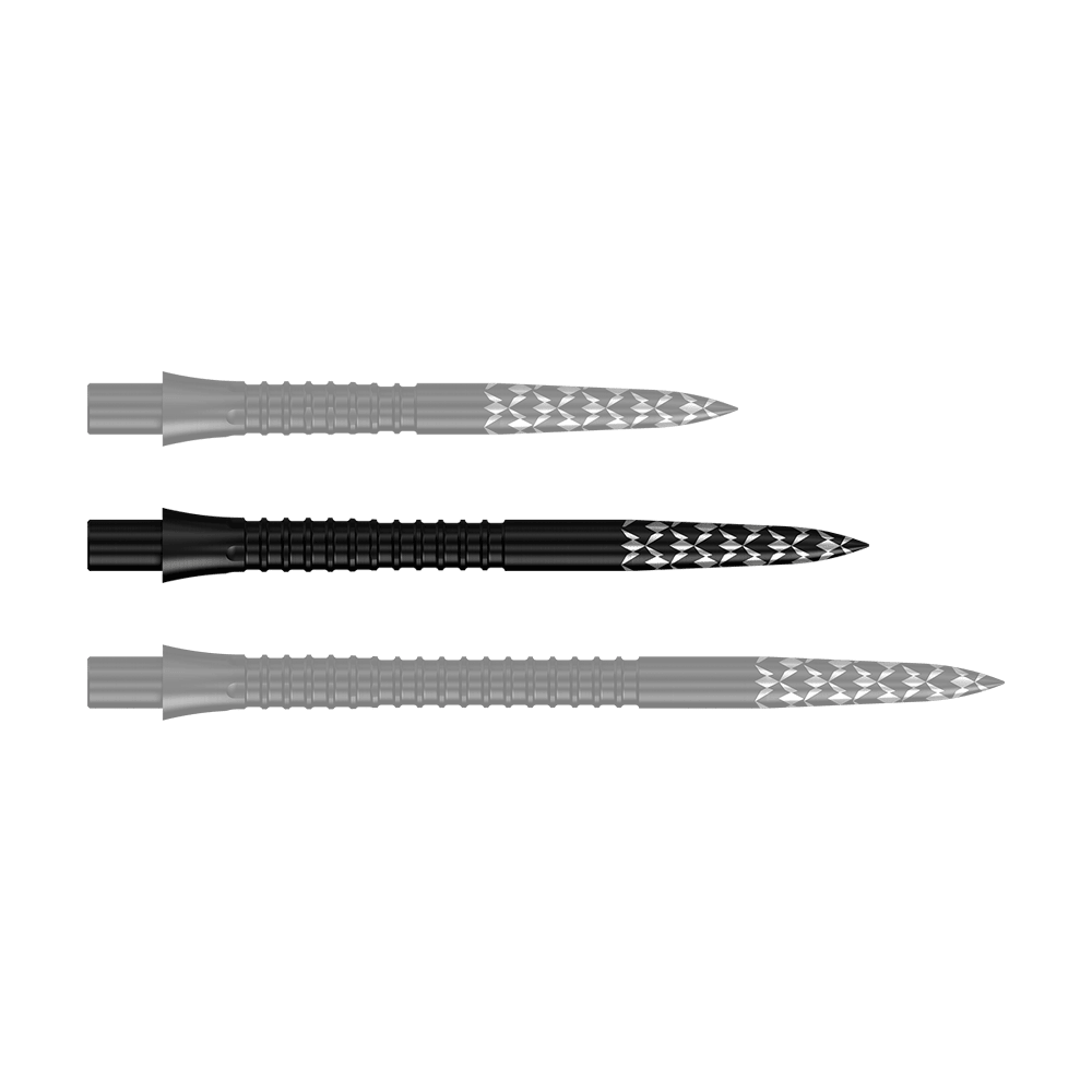 Mission Caliburn EVO dartpunten met GV-logo - Zwart Das Bild zeigt schwarze Steeldartspitzen mit einer Länge von 32 mm. Es handelt sich um die Mission Caliburn EVO GV-Logo Steeldartspitzen.