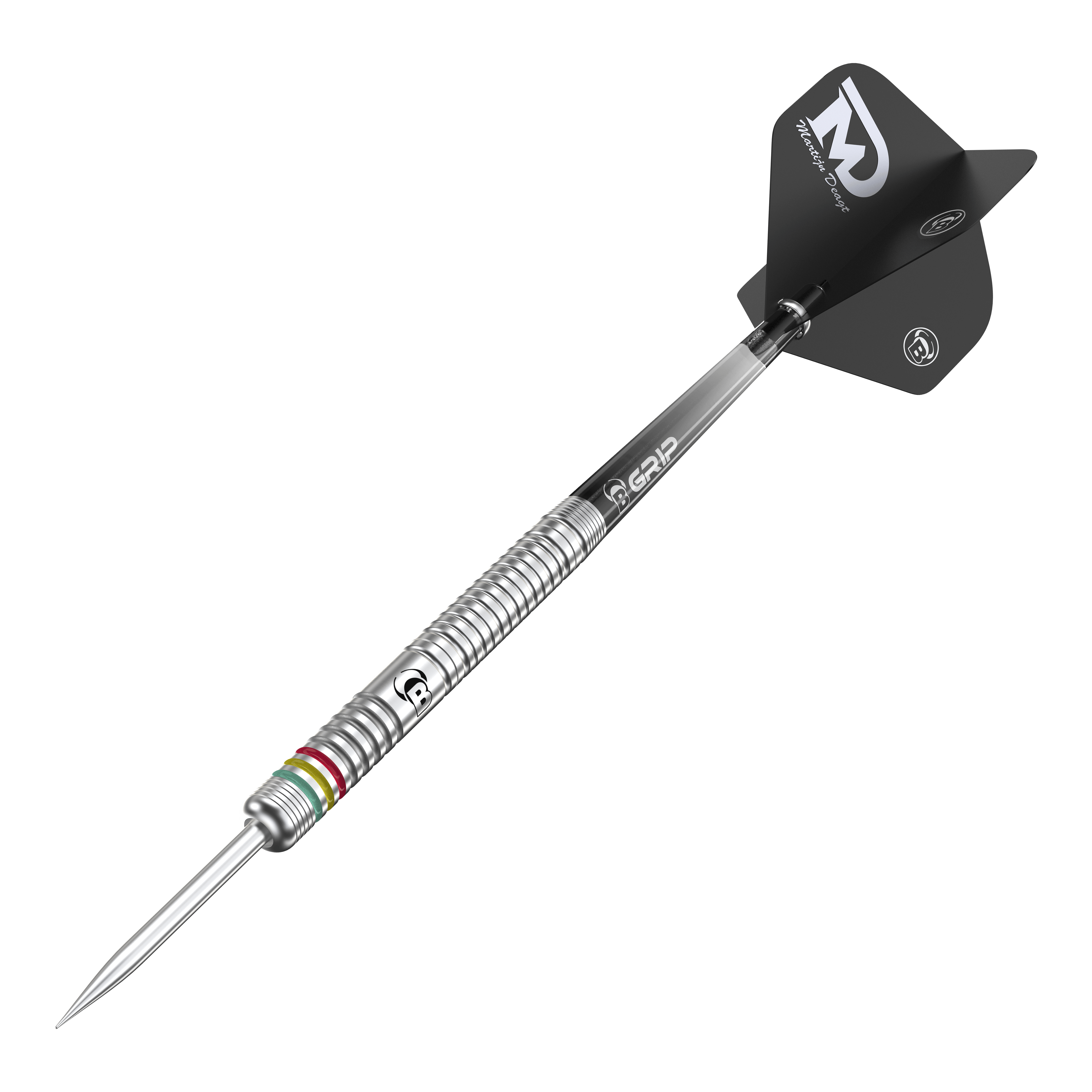 Bulls Martijn Dragt Steel Darten - 24g Auf dem Bild ist ein Bulls Martijn Dragt Steeldart mit einem Gewicht von 24g zu sehen. Der Dartpfeil hat einen silbernen, gerillten Schaft und schwarze Flights mit weißer Aufschrift.