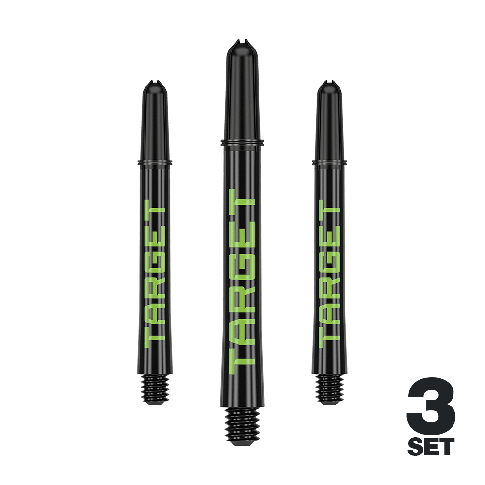 Target Pro Grip TAG Shafts - 3 Sets - Zwart Groen Mehrere Dart-Schäfte mit glatten Linien und dezenter Farbe sind abgebildet. Das Produkt ist ordentlich arrangiert.