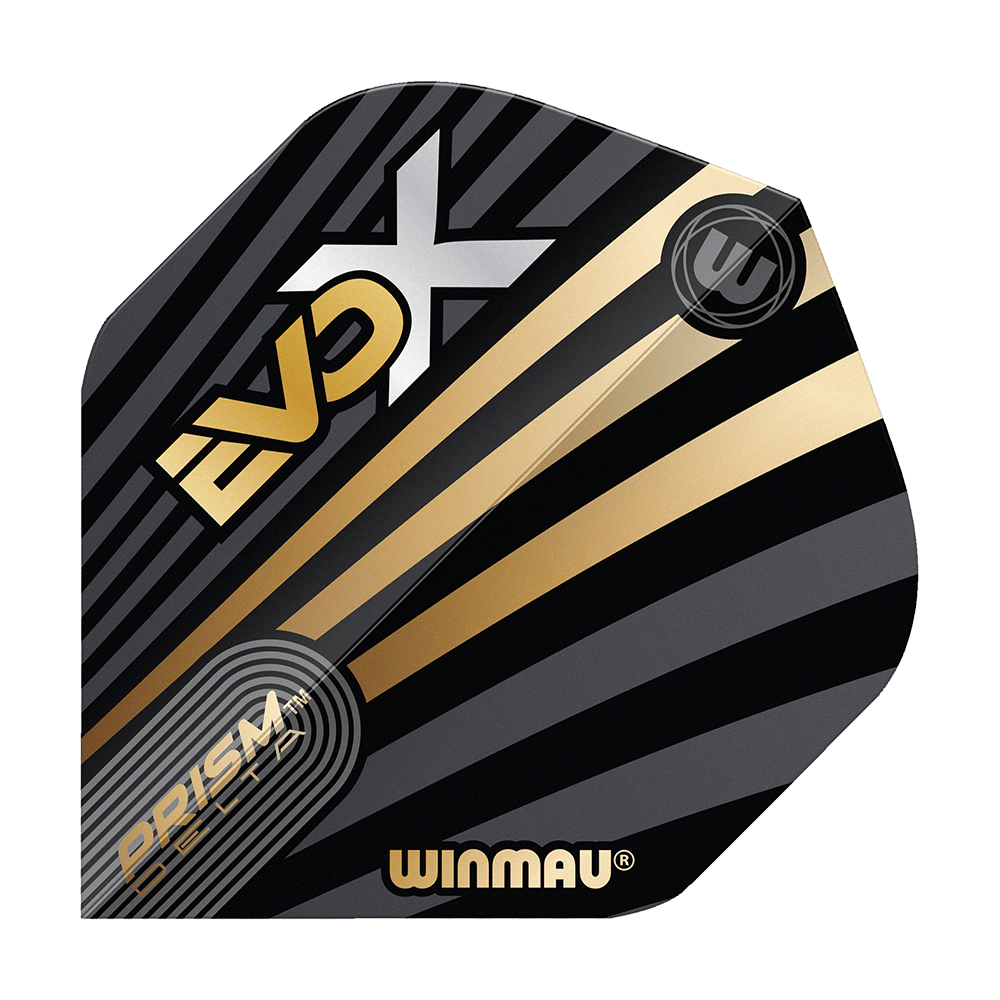 Winmau Prism Delta MvG Evo-X No2 Standaardvluchten Das Bild zeigt ein Winmau Prism Delta MvG Evo-X No2 Standard Flight. Das Flight ist schwarz mit goldenen und grauen Streifen sowie dem Schriftzug "EVO-X" und "WINMAU".
