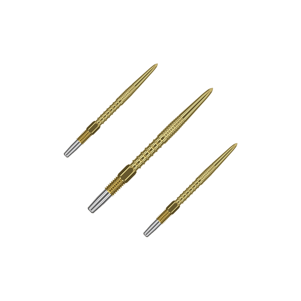 Target Swiss Firepoint Gold dartpunten Das Bild zeigt drei goldfarbene Dartspitzen mit silbernem Ende. Sie sind länglich und haben eine strukturierte Oberfläche.