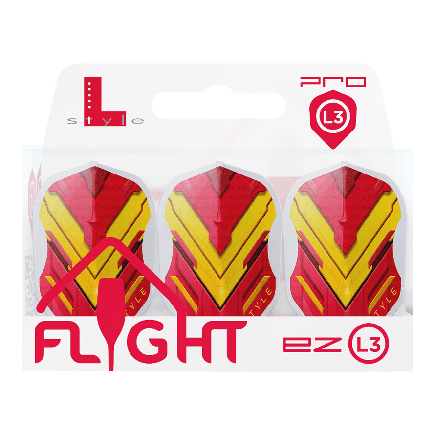 L-Style V-Serie V1 Type A Spanje Helder Wit L3EZ Vluchten Das Bild zeigt eine Packung mit drei Dart-Flights der Marke L-Style in den Farben Rot und Gelb. Auf der Verpackung steht „FLIGHT ez L3“ und oben rechts ist das Pro L3-Logo zu sehen.