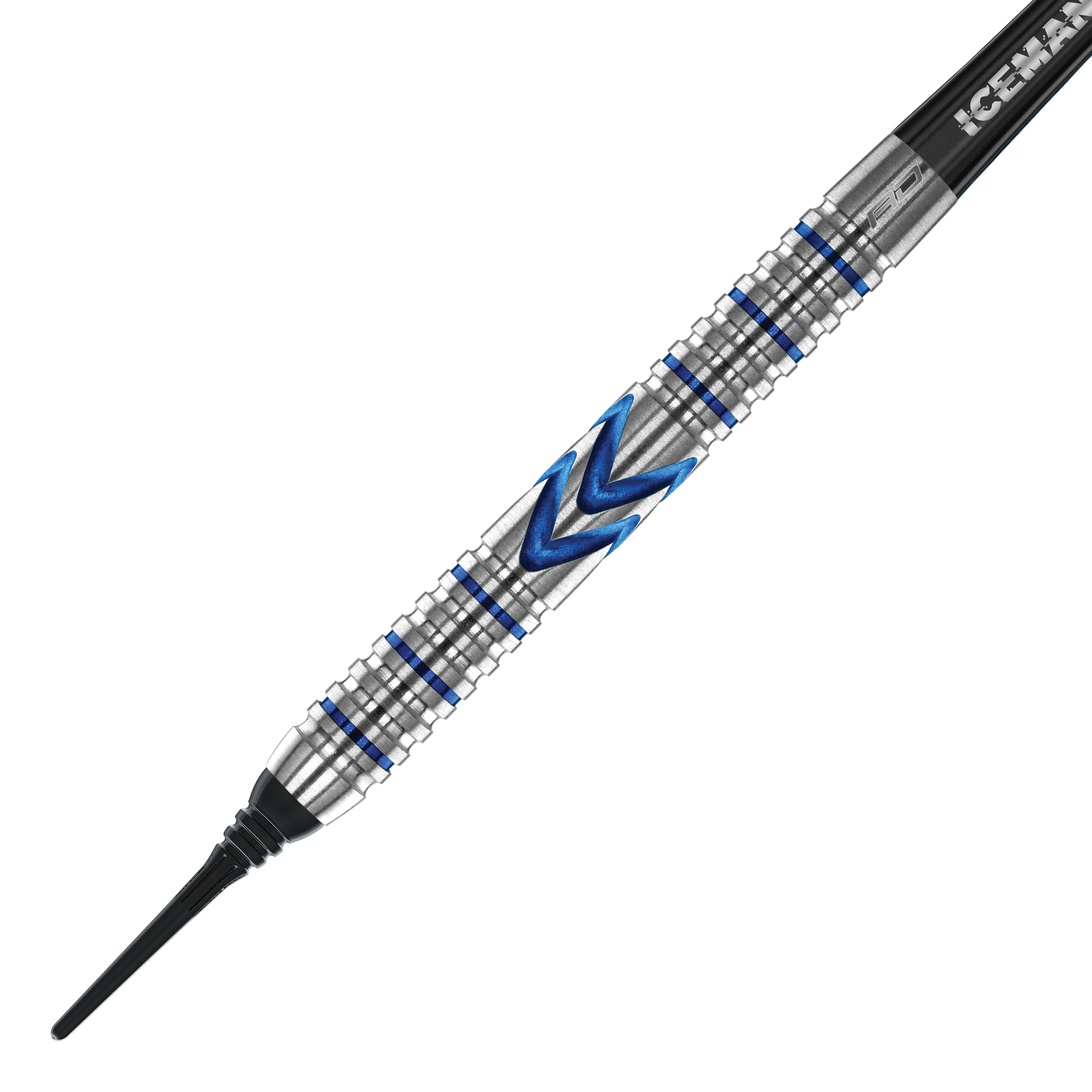 Red Dragon Gerwyn Price Iceman Midnight Edition Zachte Darts - 20g Dies ist ein Softdart der Marke Red Dragon, Modell Gerwyn Price Iceman Midnight Edition mit 20 Gramm Gewicht. Der Dart hat ein silbernes Griffstück mit blauen Akzenten und einem markanten Zickzack-Muster.