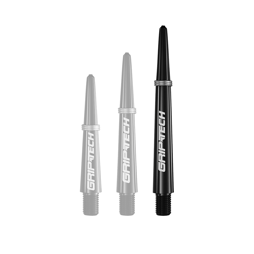 GOAT Griptech Shafts - Zwart Auf dem Bild sind drei schwarze Dartschäfte in verschiedenen Längen zu sehen. Auf jedem Schaft steht das weiße Logo "GRIPTECH".