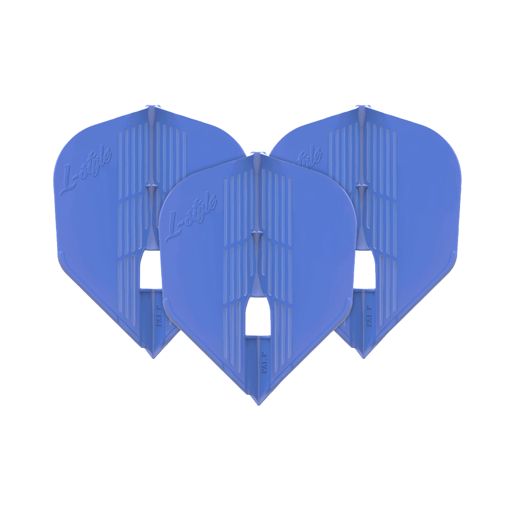 L-Style KAMI L3PRO-vluchten Das Bild zeigt drei blaue Dartflights der Marke L-Style. Sie sind nebeneinander aufgereiht und haben eine moderne, strukturierte Oberfläche.