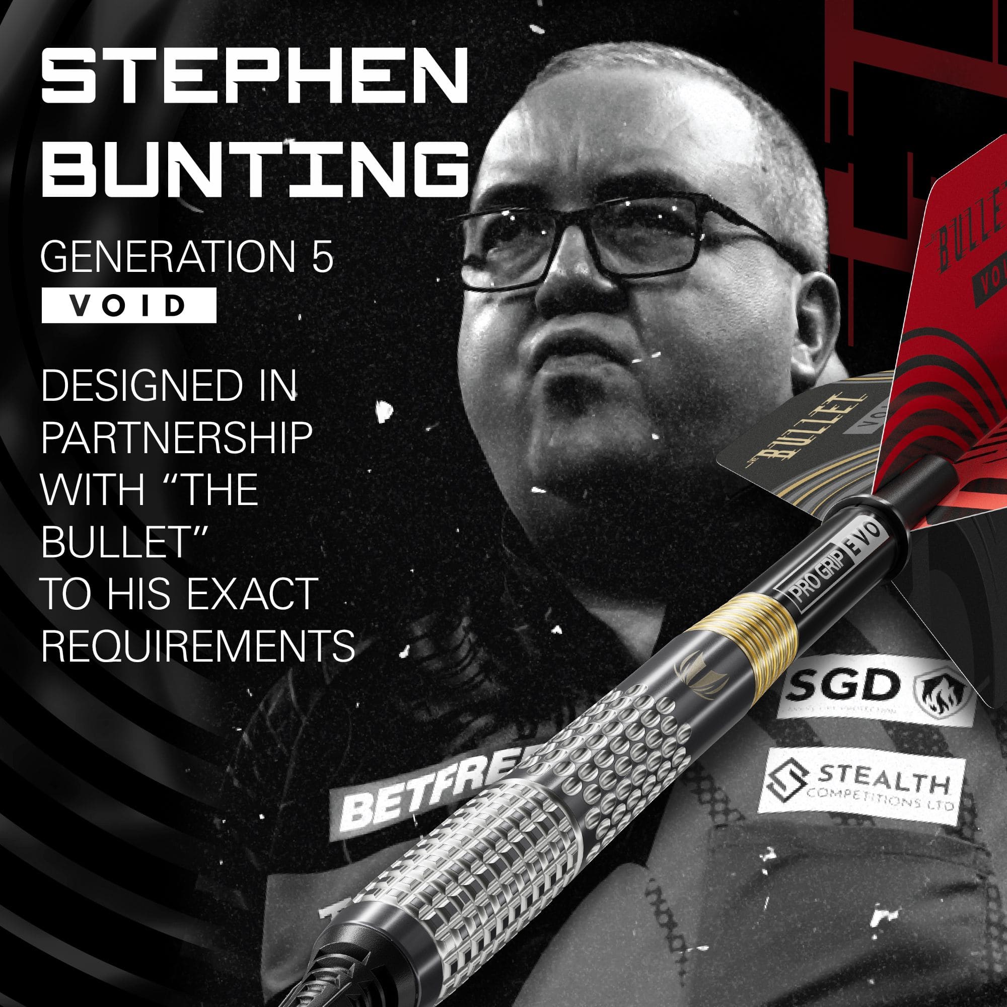 Das Foto zeigt die Target Stephen Bunting GEN5 Void Softdarts - 18g. Diese Softdarts überzeugen durch ihr einzigartiges Design und ihre Qualität.