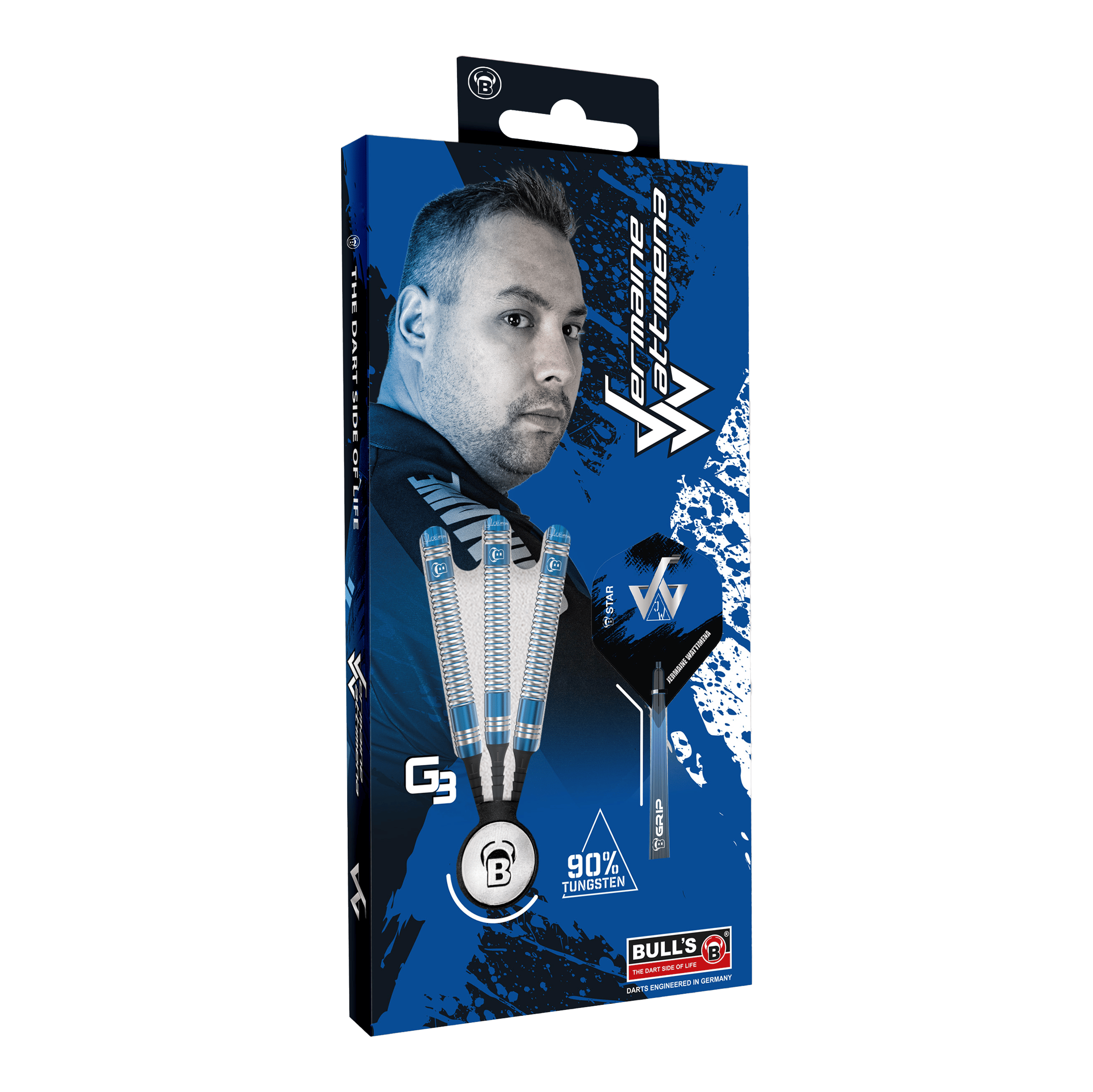 Bulls Jermaine Wattimena Generatie 3 Zachte Darts - 20g Die Abbildung zeigt die Verpackung der Bulls Jermaine Wattimena Generation 3 Softdarts mit 20g Gewicht. Auf der Verpackung sind drei Darts sowie ein Porträt von Jermaine Wattimena und der Hinweis auf 90 % Tungsten zu sehen.