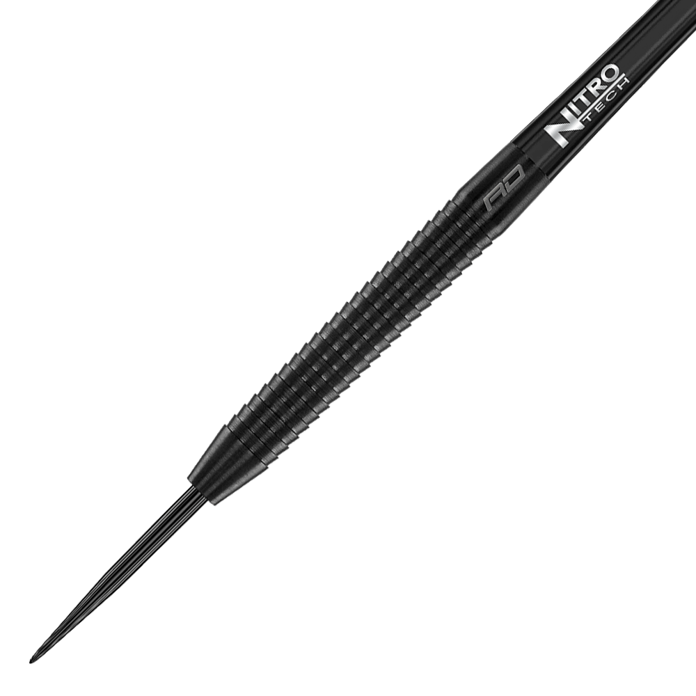 Red Dragon Razor Edge Zwarte Steeldarts Das Bild zeigt einen Red Dragon Razor Edge Black Steeldart. Der Dart ist schwarz und hat eine gerillte Griffzone für besseren Halt.