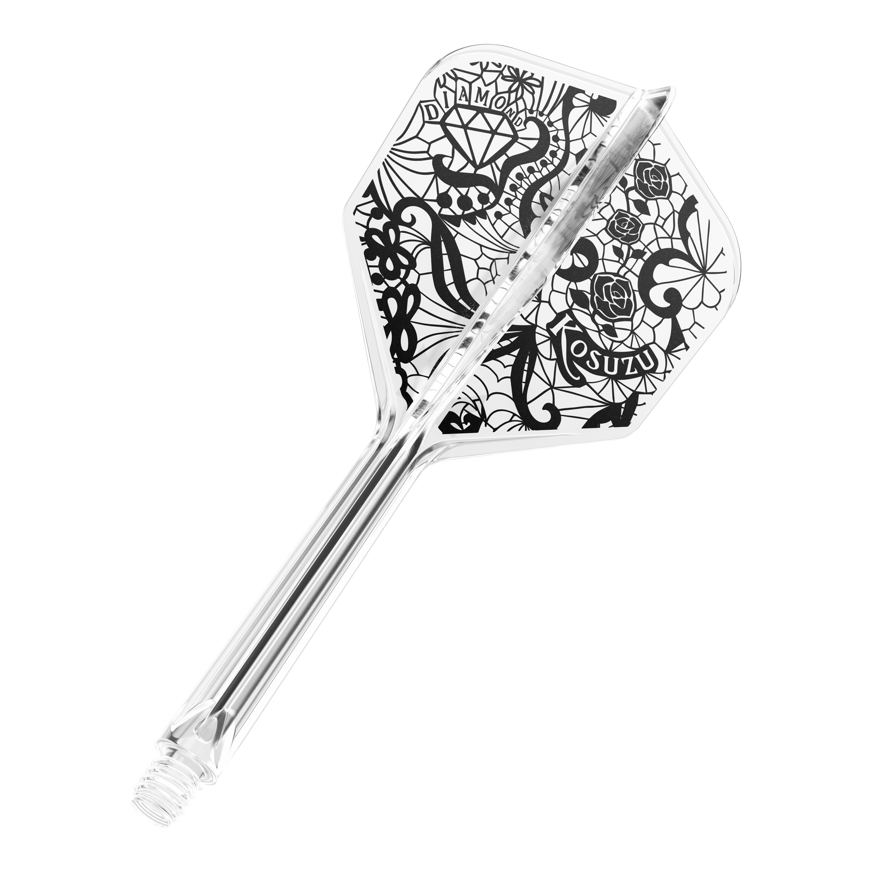 Target Japan K-Flex Diamond No6 Flight Shaft-systeem Dies ist ein durchsichtiges Dart-Flightsystem mit schwarzem, detailreichem Muster. Das Design zeigt unter anderem ein Diamant, Rosen und Spinnweben.