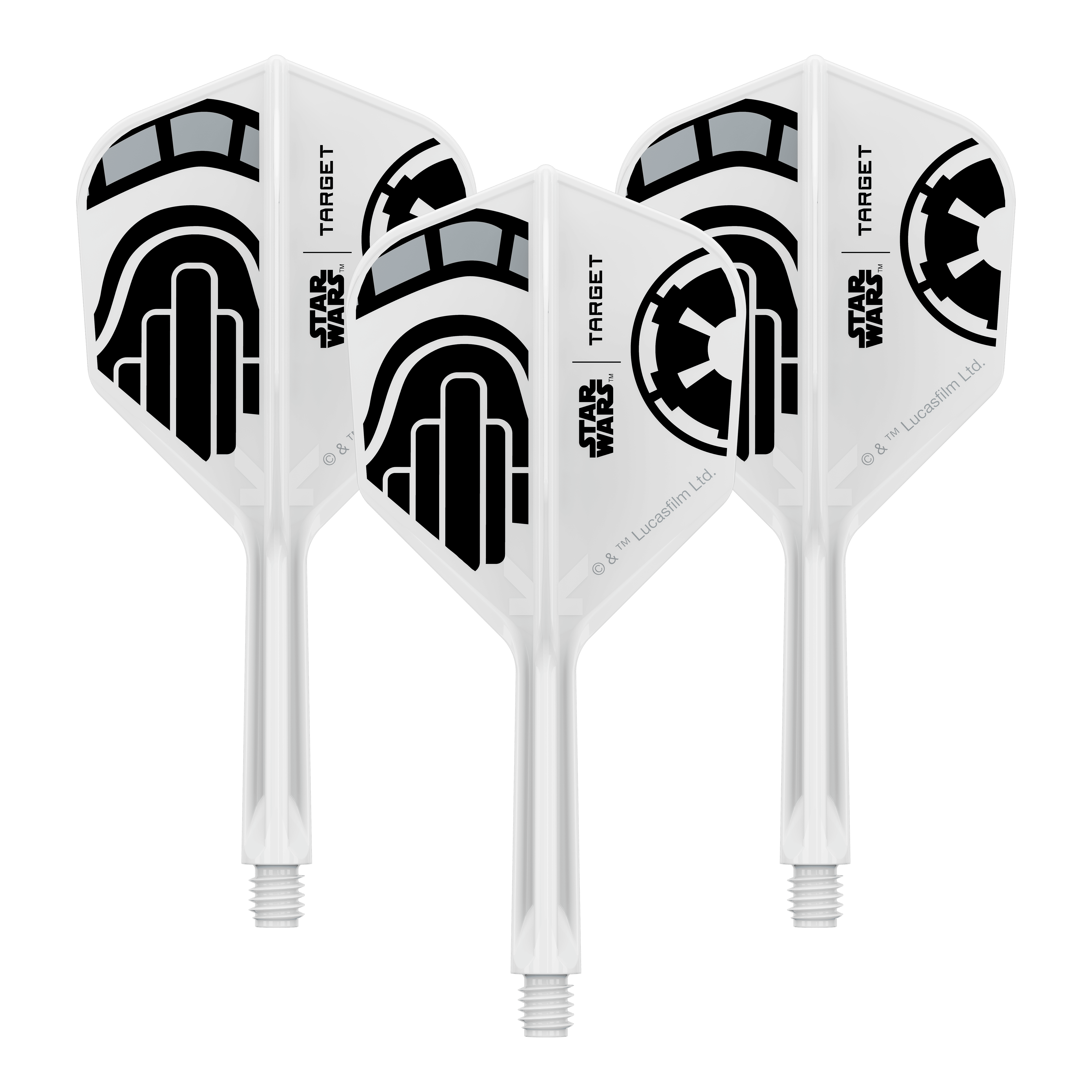 Target Star Wars K-Flex Stormtrooper No6-vluchten Abgebildet ist ein Dartflügel-Set im Star Wars Design mit dem Namen 'Stormtrooper No6 Flights Intermediate 26mm'. Das Set eignet sich für den Austausch von Dartflügeln.