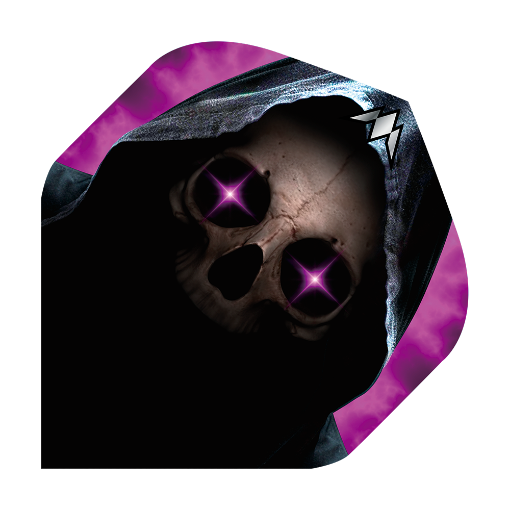 Mission Solo Phantom No2 Standaardvluchten Das Bild zeigt ein Dartflight mit einem Totenkopf in einer dunklen Kapuze. Die Augen des Schädels leuchten in einem auffälligen Lila mit Sternenform.