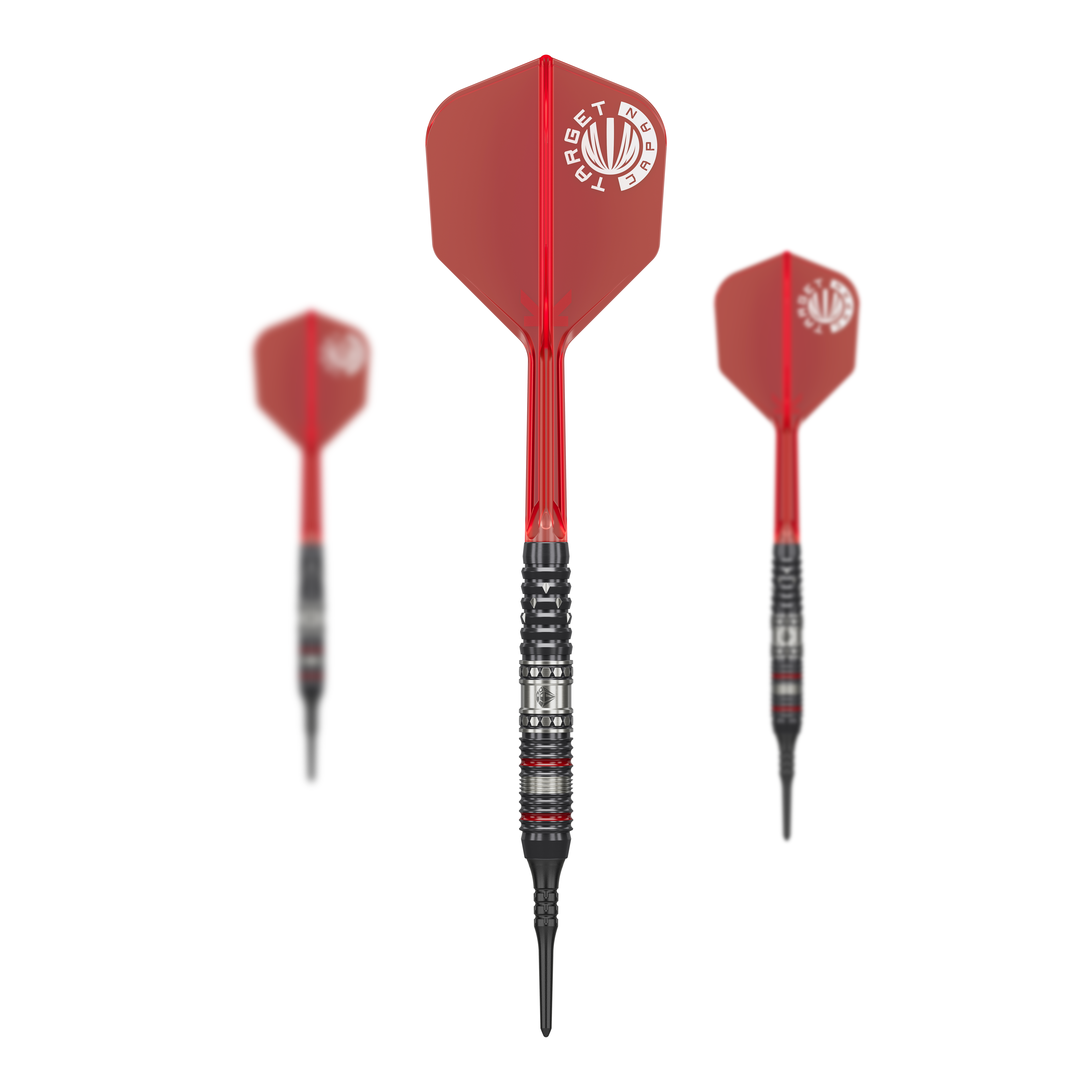 Target Japan Prime Series Diamond GEN3 Soft Darts - 18g Das Bild zeigt drei Softdarts aus der Serie "Target Japan Prime Series Diamond GEN3" mit einem Gewicht von 18g. Die Darts haben rote Flights und schwarze Spitzen.