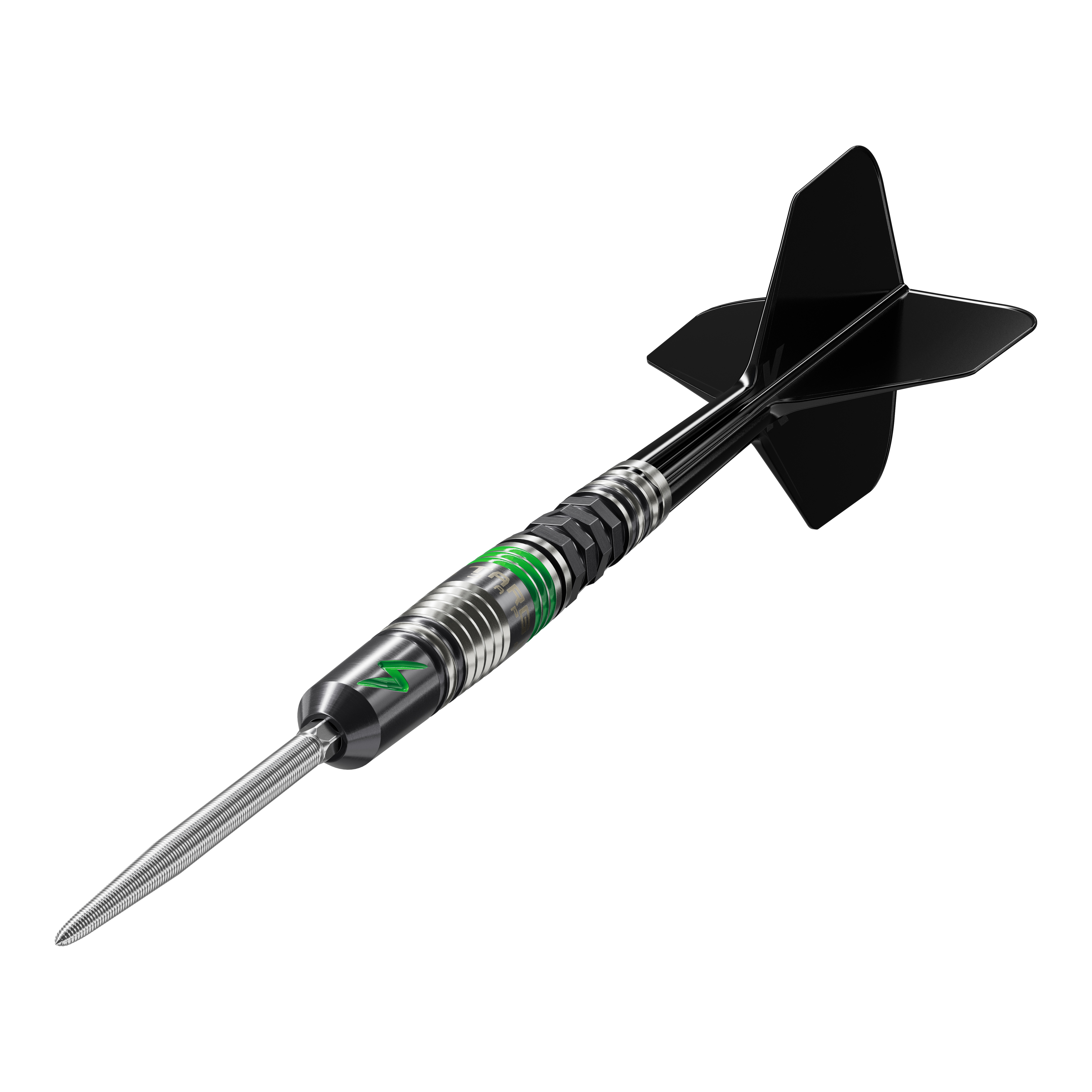 Das Bild zeigt den Target Japan Black Marque Lightning 3 SP Steeldart. Der Dartpfeil ist schwarz-silber mit grünen Akzenten und hat schwarze Flights.
