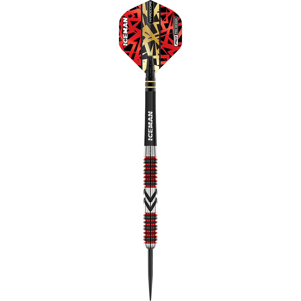 RD2567_Red_Dragon_Gerwyn_Price_Firebird_Steeldarts_1MJDm7fRvrMuaA Auf dem Bild ist ein professioneller Steeldartpfeil zu sehen. Er hat auffällige rote und schwarze Muster sowie die Aufschrift "ICEMAN" auf dem Schaft.
