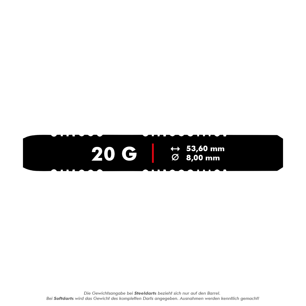 2237_Winmau_Michael_Van_Gerwen_MvG_Ambition_Softdarts_5_20g Das Bild zeigt Angaben zu den Winmau Michael Van Gerwen MvG Ambition Softdarts mit einem Gewicht von 20 g. Die Länge beträgt 53,60 mm und der Durchmesser 8,00 mm.