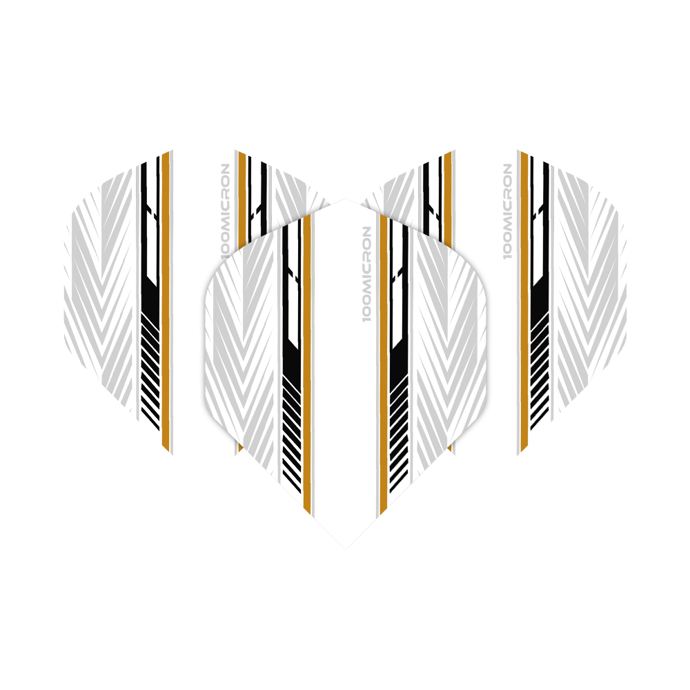 Pentathlon Flights wit/zwart/goud Das Bild zeigt die Pentathlon White Black Gold No2 Standard Flights für Dartpfeile. Die Flights sind überwiegend weiß mit schwarzen und goldenen Zierstreifen sowie geometrischen Mustern.