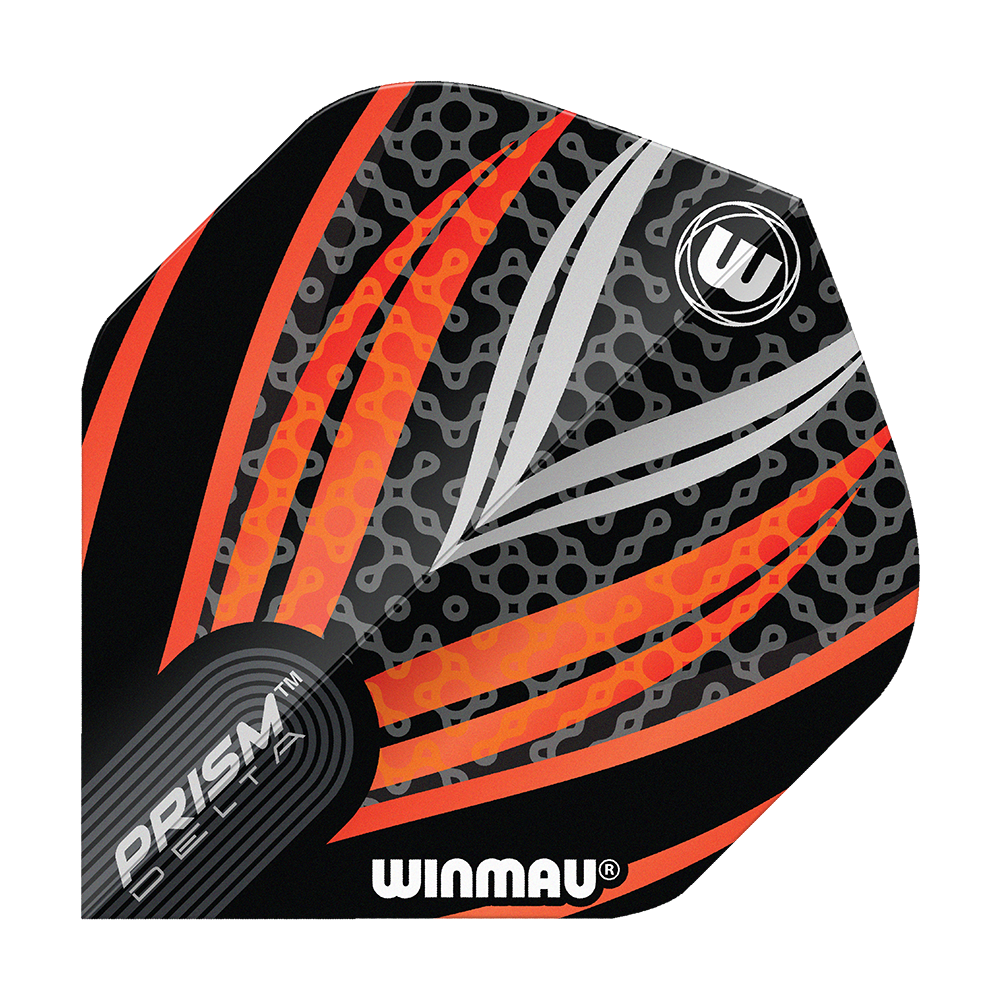 Winmau Prism Delta Zwart Wit Oranje Nr. 2 Standaardvluchten Das Bild zeigt ein Dart-Flight der Marke Winmau mit dem Namen "Prism Delta Schwarz Weiß Orange No2 Standard Flights". Das Design besteht aus schwarzen, weißen und orangefarbenen Streifen mit einem modernen Muster.
