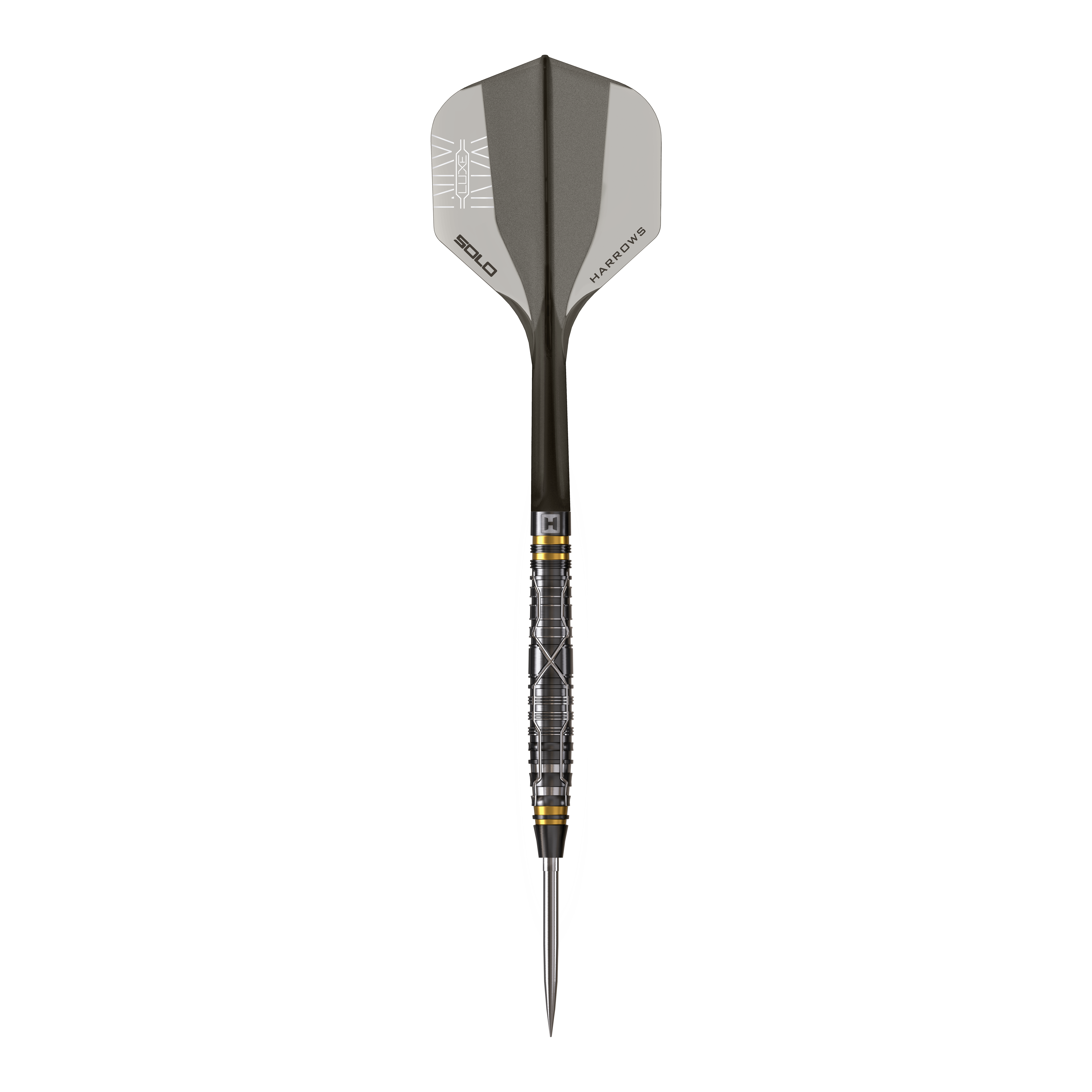 Harrows NX Luxe Tapered Quick Point Steeldarts Ein Steeldartpfeil mit feinem Schaft und matter Oberfläche wird präsentiert. Der Pfeil ist seitlich ausgerichtet.