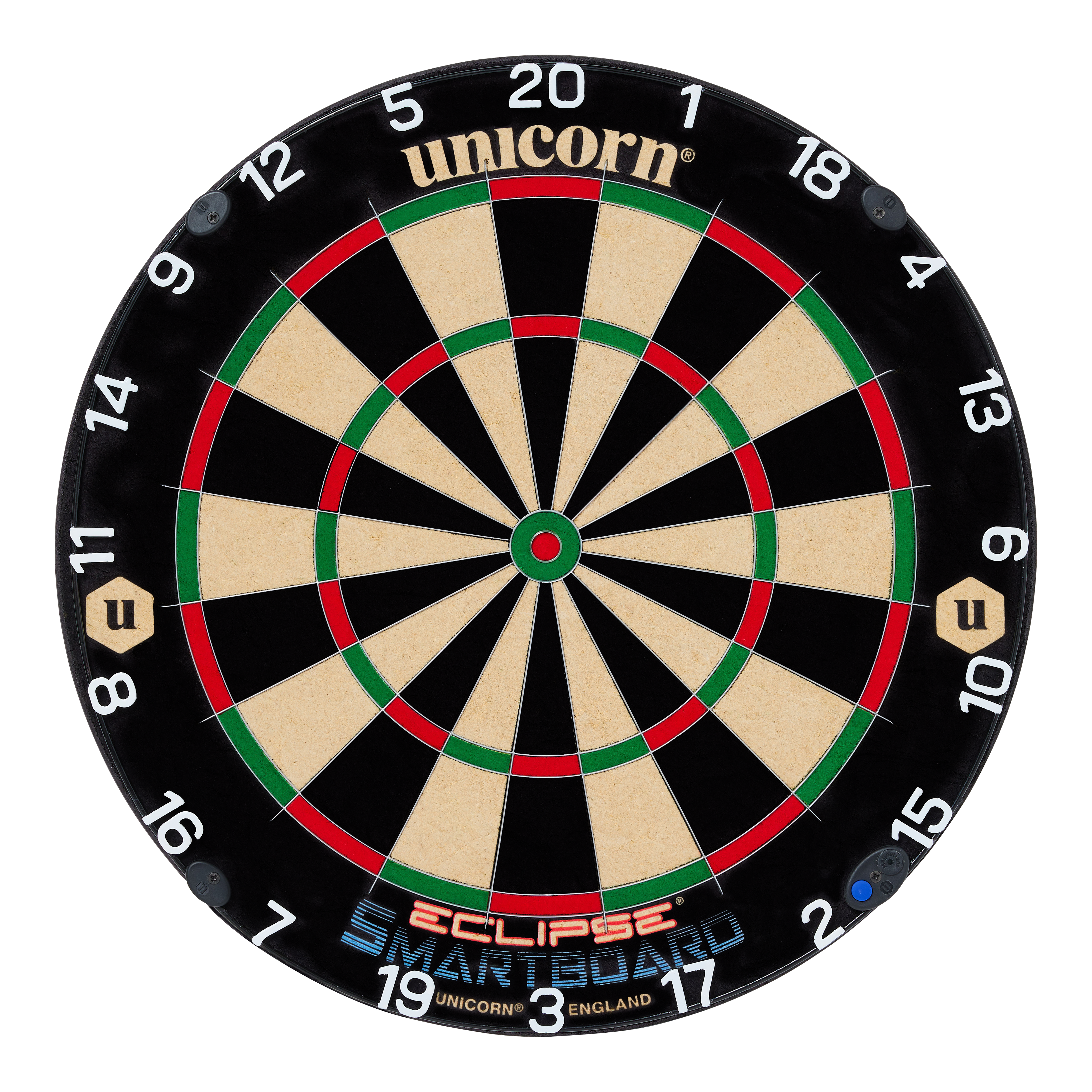 Unicorn Eclipse Smartboard stalen dartbord Das Bild zeigt eine Steeldart-Scheibe mit der Aufschrift "Unicorn Eclipse Smartboard". Die Felder sind klassisch in Schwarz, Weiß, Rot und Grün gehalten und die Zahlen sind rund um den Rand angeordnet.