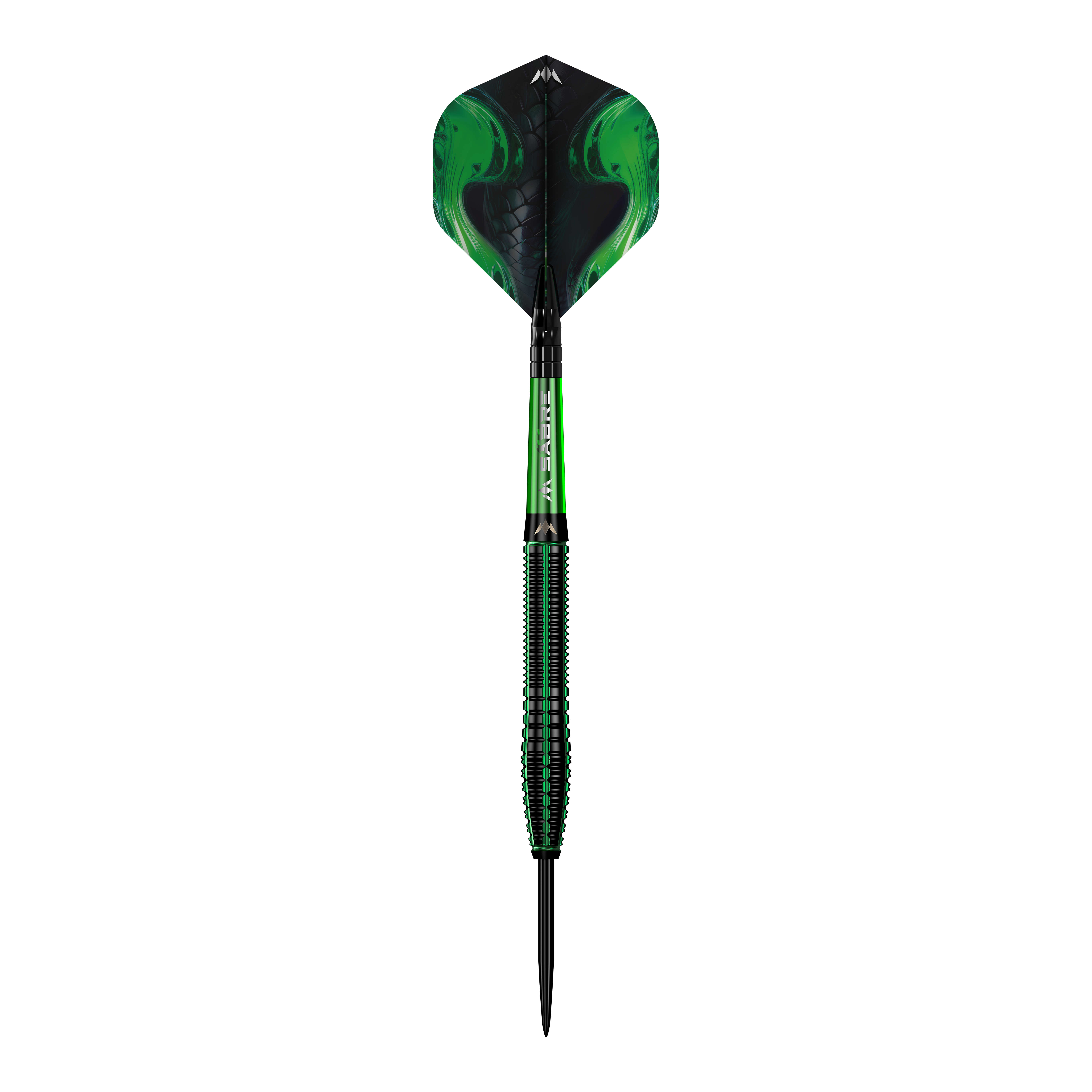 Mission Venom stalen darts Das Bild zeigt einen Mission Venom Steeldart mit einem auffälligen, grünen Design. Der Schaft und die Flights haben ein modernes Muster, das an Schlangenhaut erinnert.