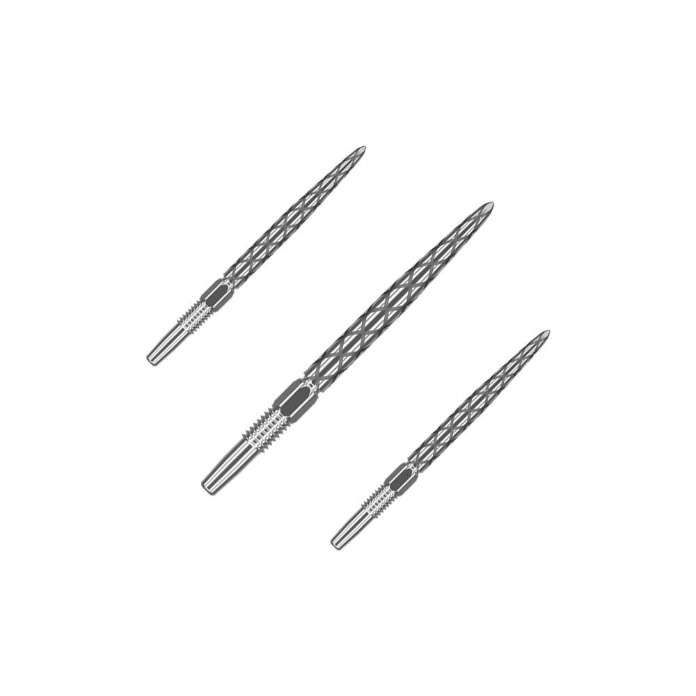 Target Swiss Diamond Pro Silver Points dartpunten Das Bild zeigt drei silberne Dartspitzen mit einem rautenförmigen Muster. Sie sind nebeneinander auf einem neutralen Hintergrund angeordnet.