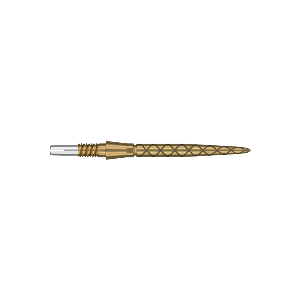 Target Swiss Storm Diamond Point Dartpunten - Goud Dies ist eine goldfarbene Dartspitze mit einem diamantförmigen Muster. Sie ist schlank, länglich und hat eine Länge von 26 mm.