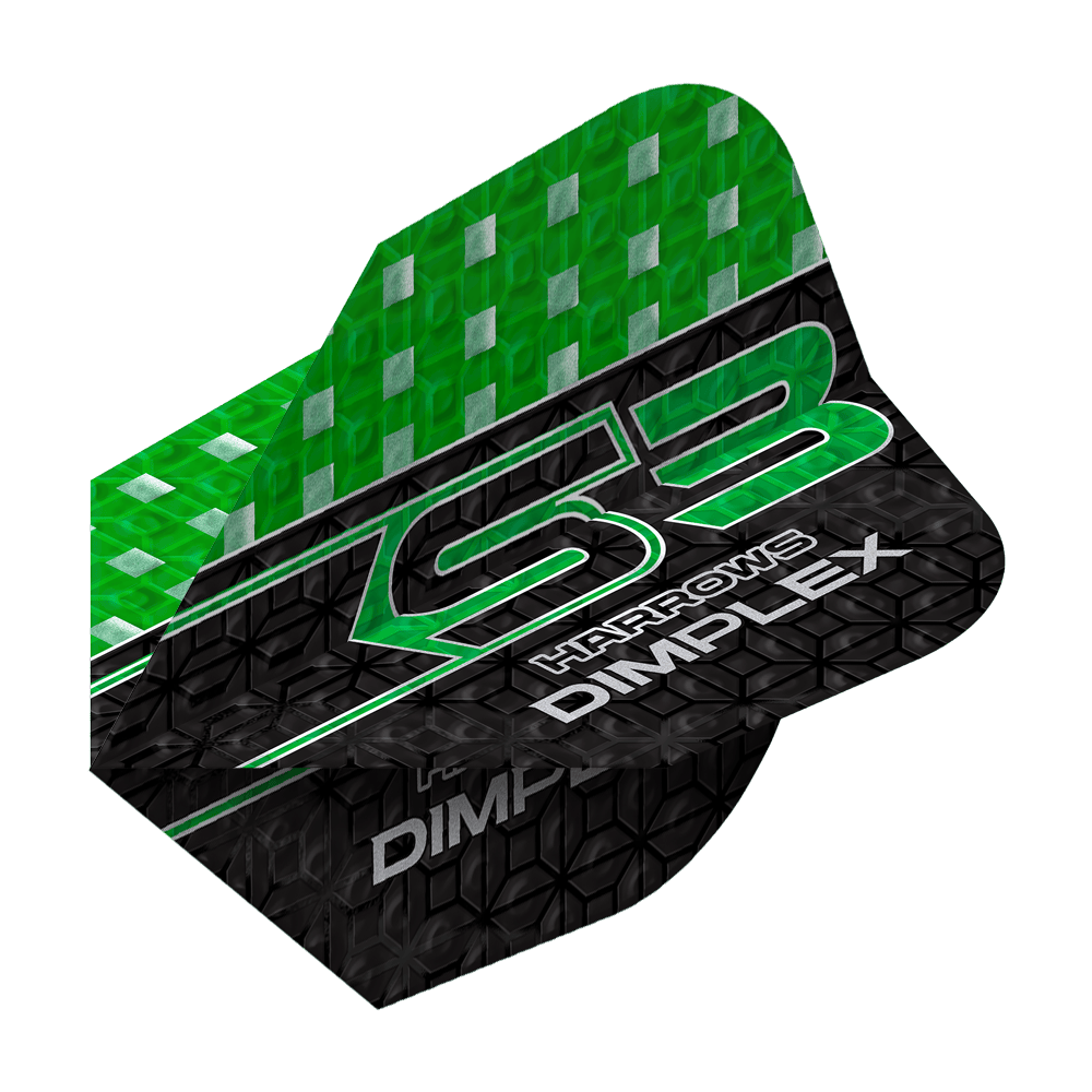 Harrows Dimplex S3 Flights - Groen Das Bild zeigt einen grünen und schwarzen Dartflight mit der Aufschrift "Harrows Dimplex S3". Das obere Drittel ist grün mit silbernen Quadraten, der Rest ist schwarz mit einem Muster und weißen Schriftzügen.
