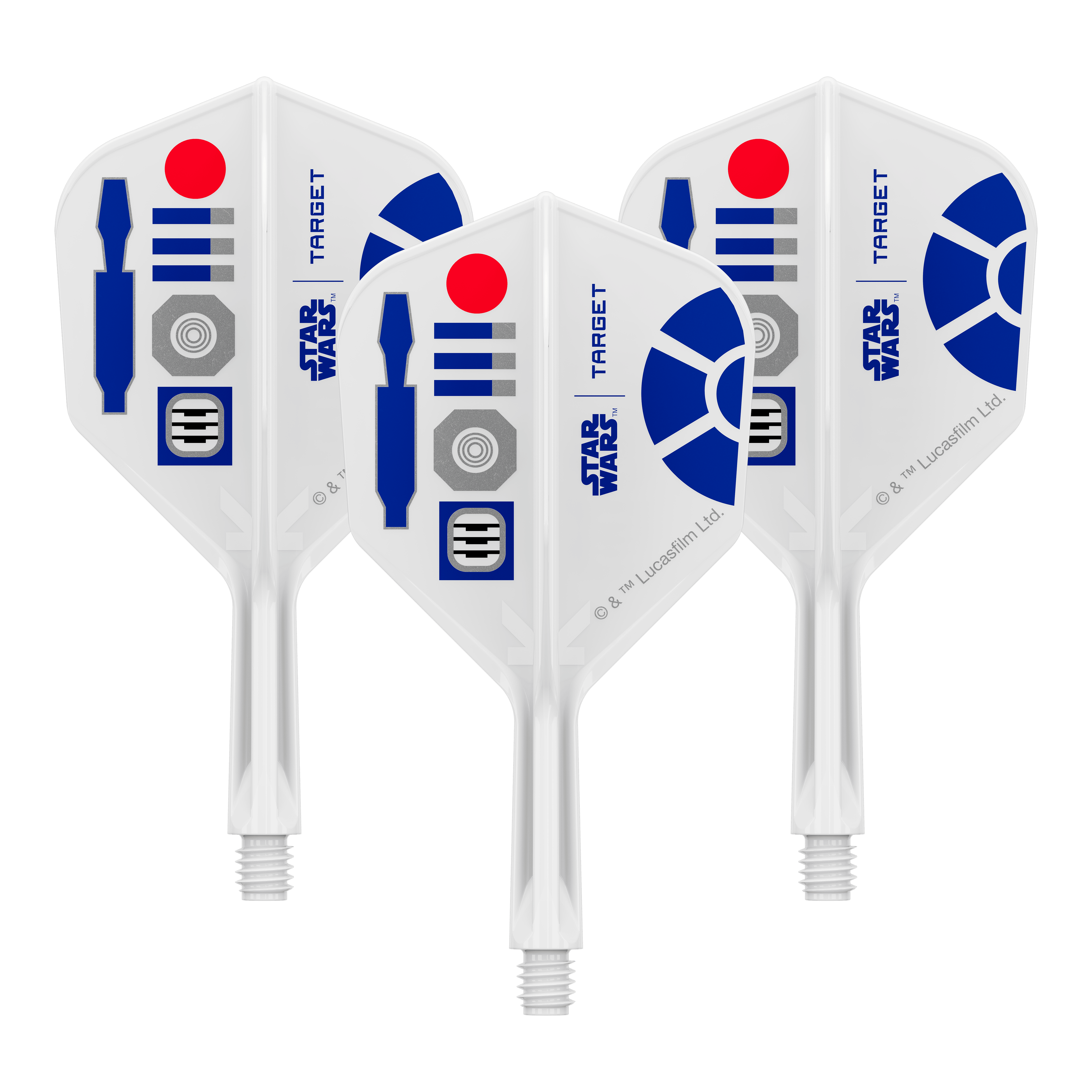 Target Star Wars K-Flex R2D2 No6-vluchten Abgebildet sind Dart-Flights mit Star Wars R2D2 Motiv und dem Dateinamen 410510_Target_StarWars_KFlex_R2D2_No6_Flights_Short_19mm_1Set. Es handelt sich um ein Set kurzer Dart-Flights.