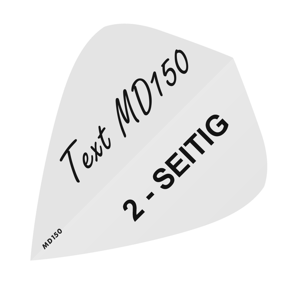 MD-301_2-Seitig_Bedruckte_Flights_Wunschtext_MD150_Weiss_Kite_1 Das Bild zeigt eine Vorlage für bedruckte Flights mit dem Text "Text MD150" und "2-SEITIG". In der unteren linken Ecke steht zusätzlich "MD150".