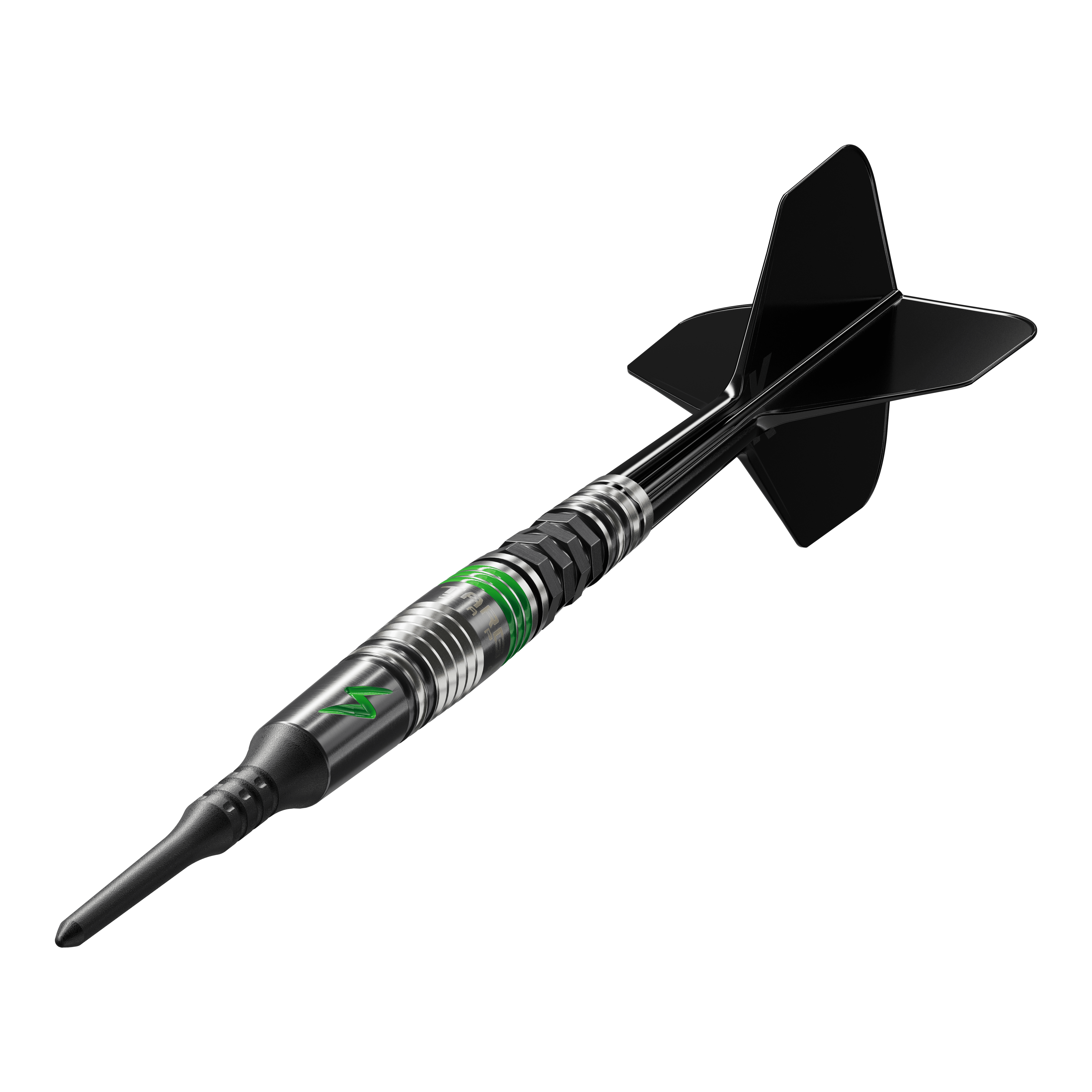 Target Japan Black Marque Lightning 3 zachte darts - 19g Das Bild zeigt einen Softdart der Marke Target Japan Black Marque Lightning 3 mit einem Gewicht von 19 Gramm. Der Dartpfeil ist schwarz und silber mit grünen Akzenten und hat schwarze Flights.