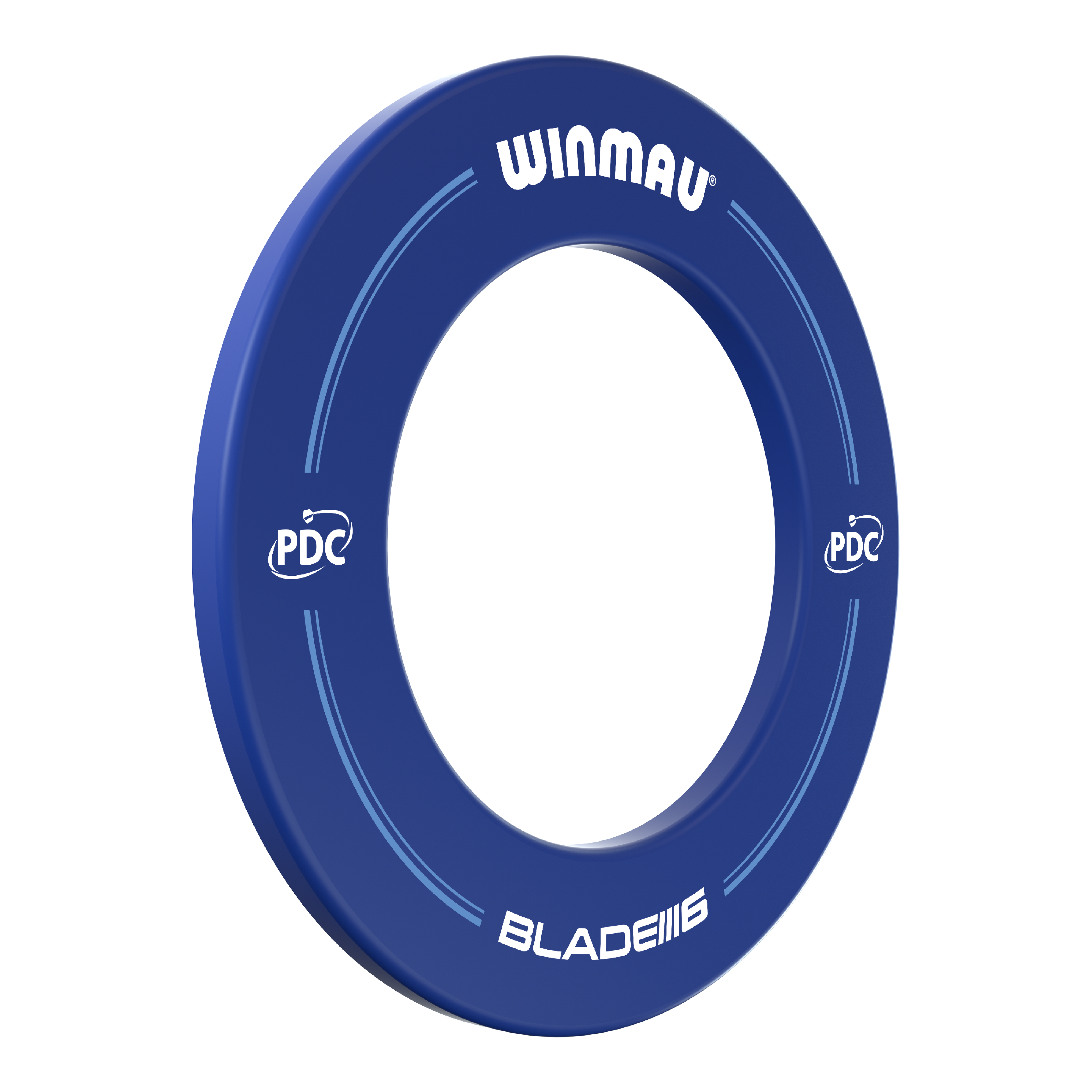 Das Bild zeigt einen blauen Dartboard-Surround der Marke Winmau mit der Aufschrift "BLADE 6" und "PDC". Der Ring dient zum Schutz der Wand rund um eine Dartscheibe.